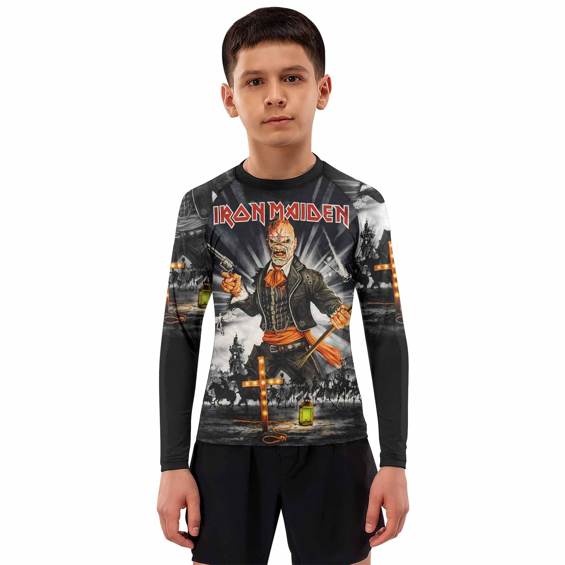 Iron Maiden Nights Of The Dead Kids Rash Guard Long Sleeve - boy's lifestyle view