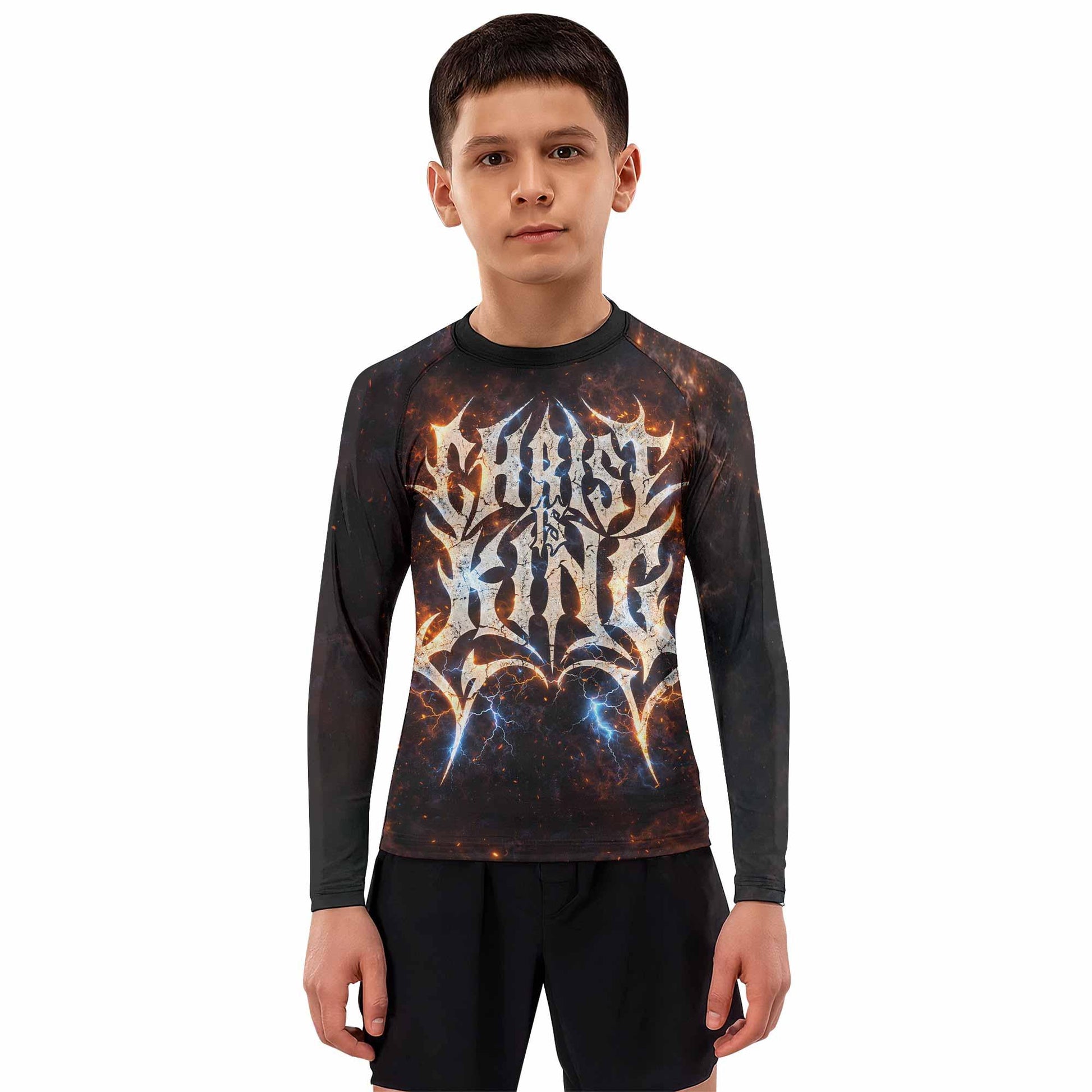Christ is King Kids Rash Guard Long Sleeve - boy's lifestyle view