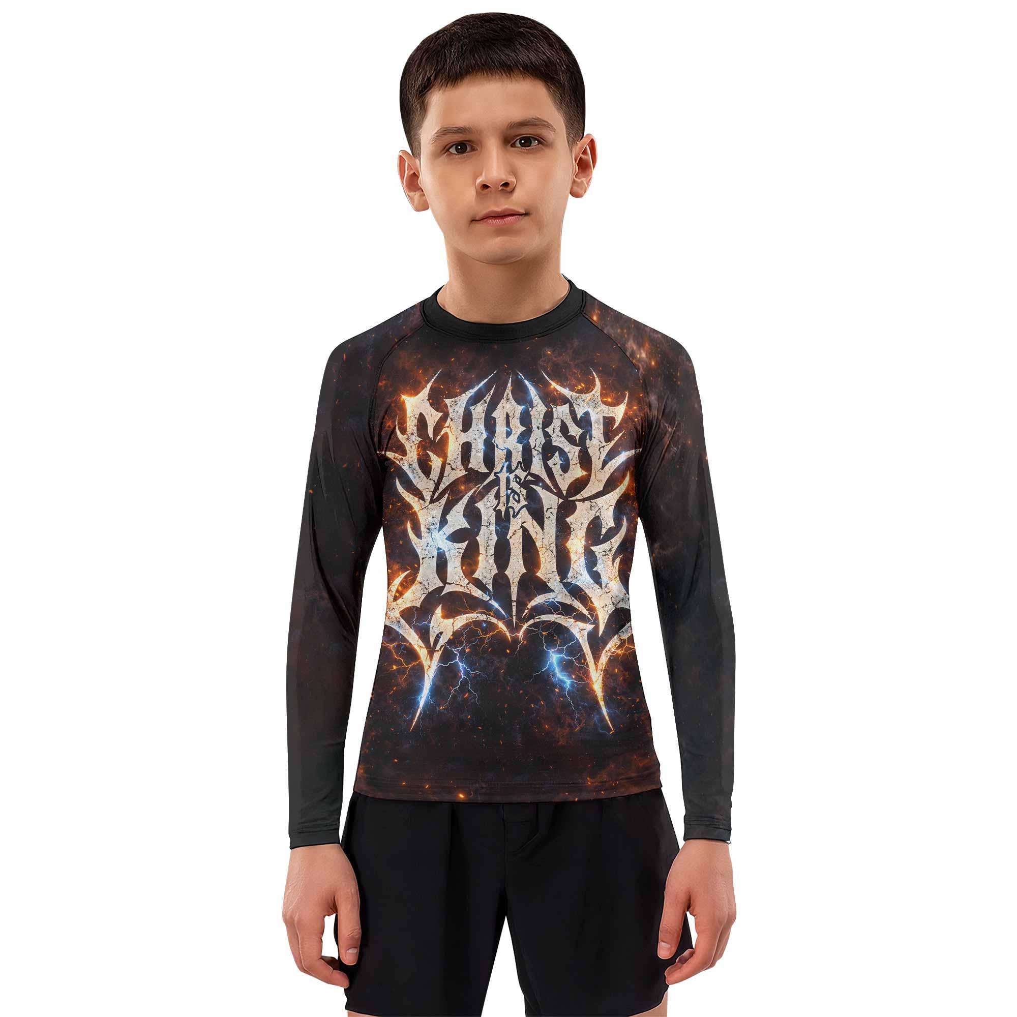 Christ is King Kids Rash Guard Long Sleeve - boy's lifestyle view