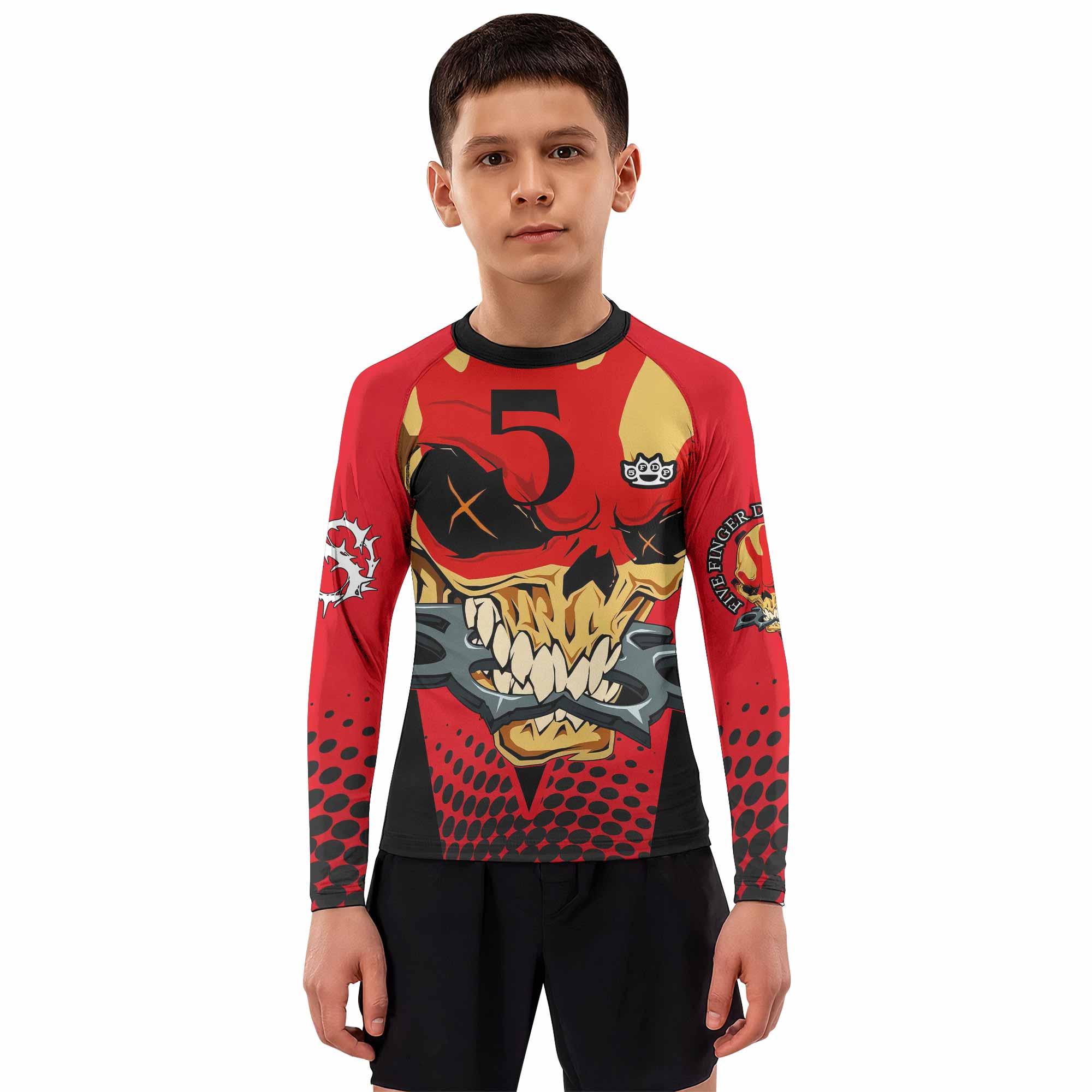 Five Finger Death Punch 5FDP Kids Rash Guard Long Sleeve - boy's lifestyle view