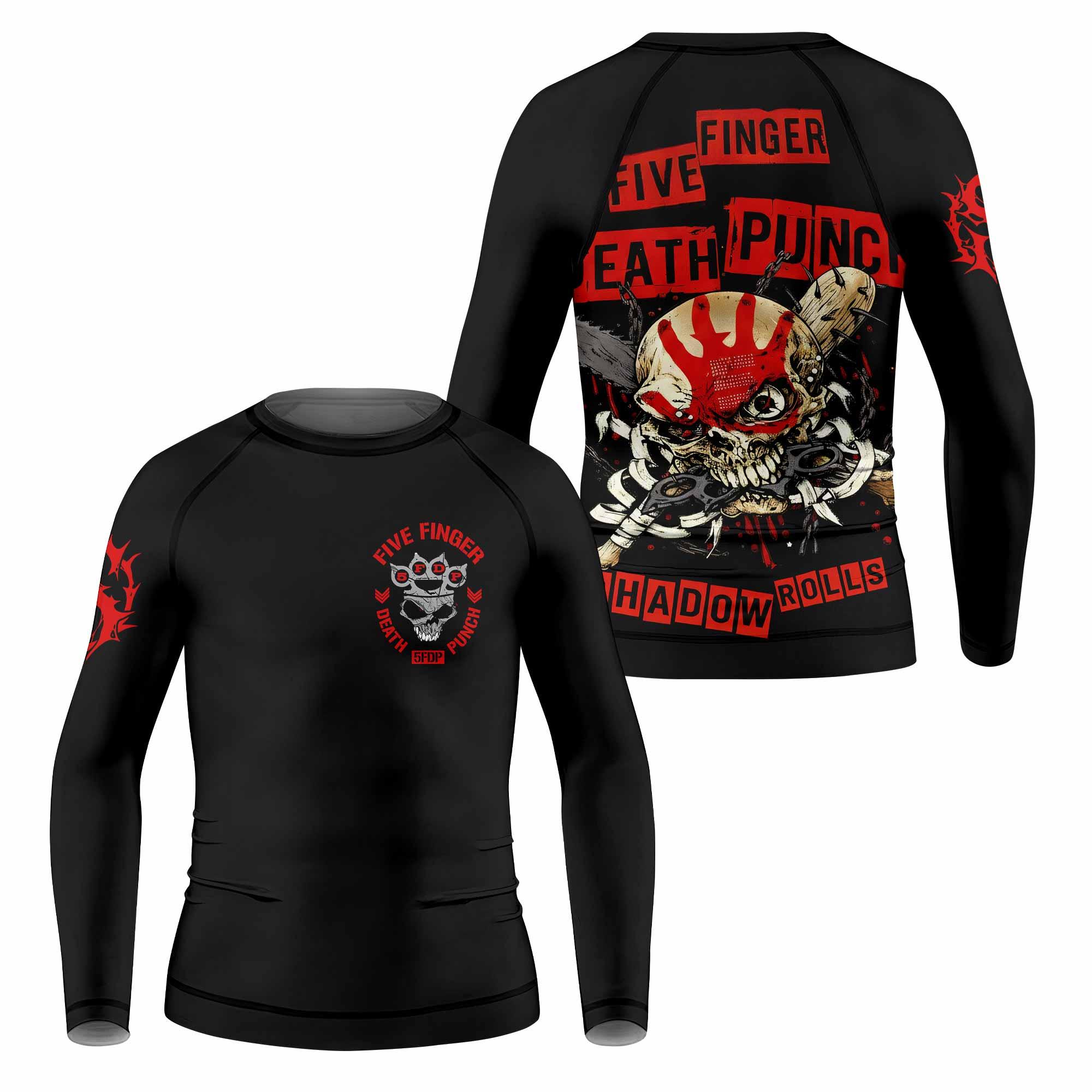 Five Finger Death Punch Shadowrolls Kids Rash Guard Long Sleeve - front and back view