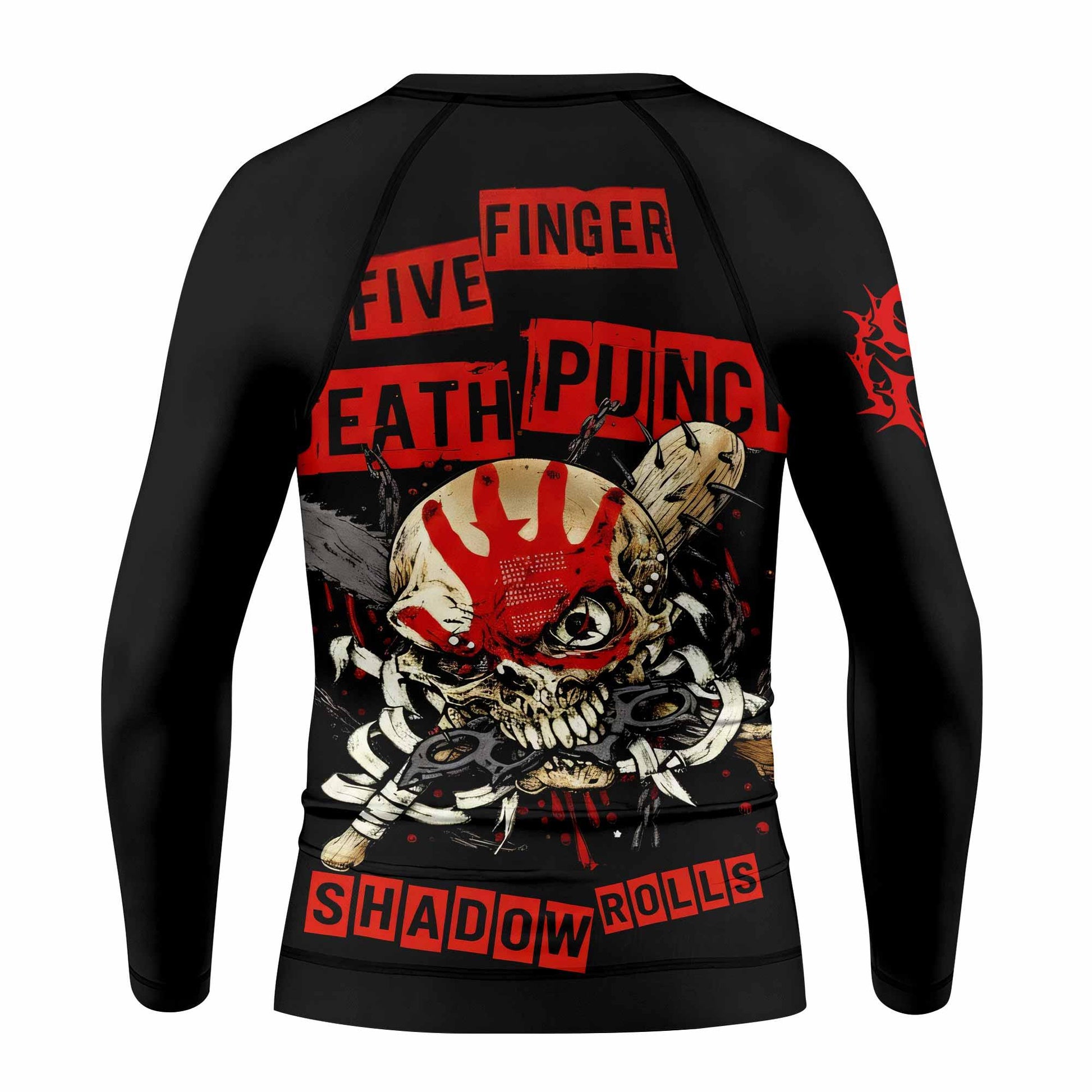 Five Finger Death Punch Shadowrolls Kids Rash Guard Long Sleeve - back view mockup