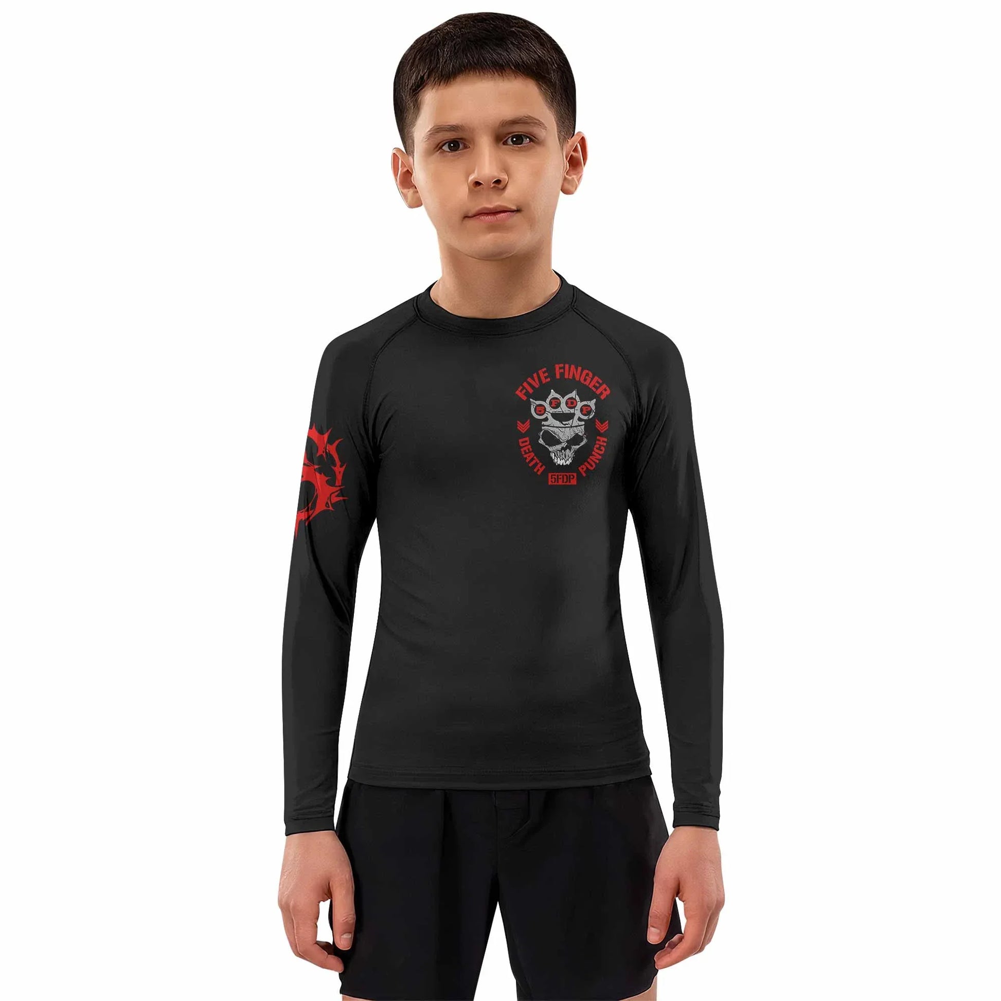 Five Finger Death Punch Shadowrolls Kids Rash Guard Long Sleeve - boy's lifestyle view