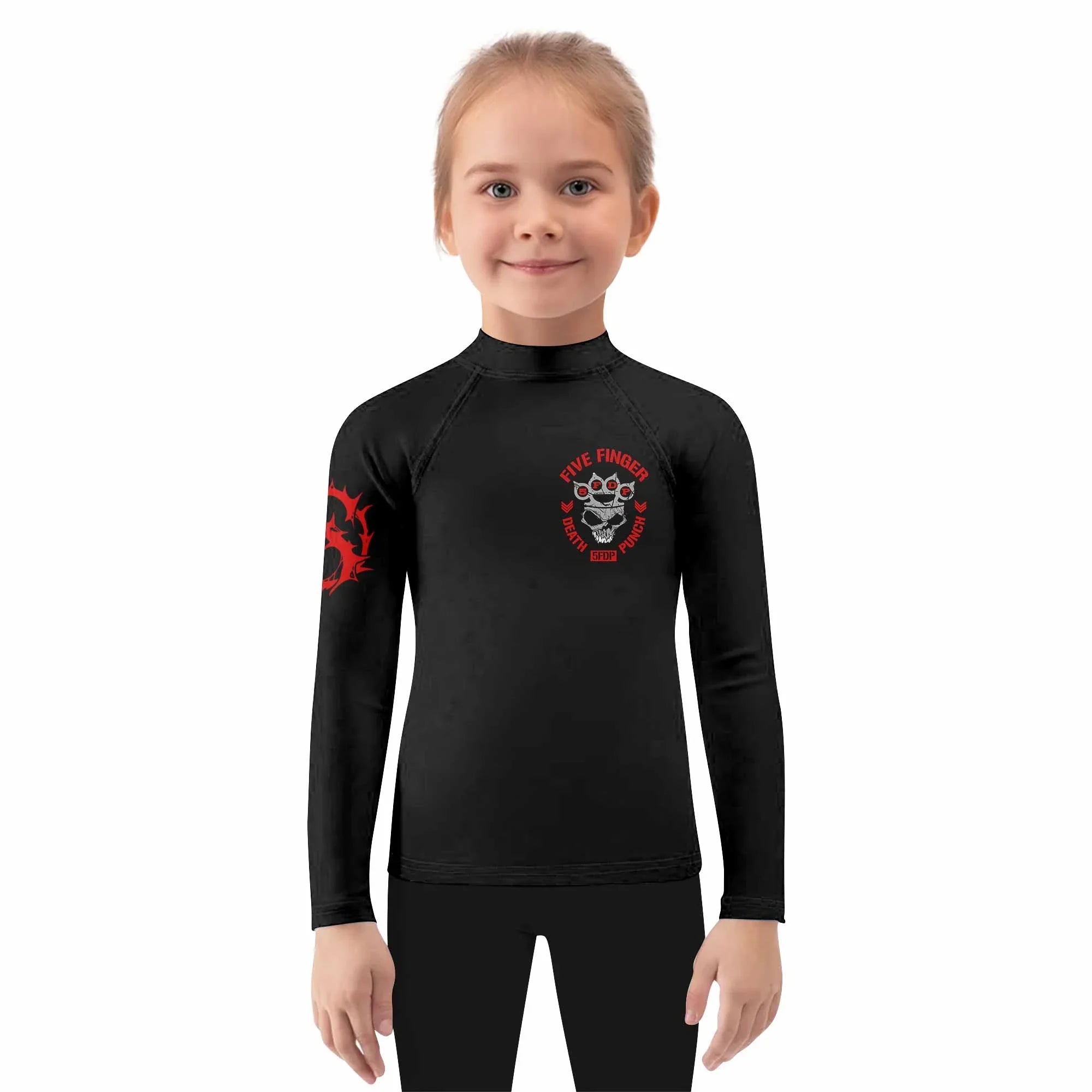 Five Finger Death Punch Shadowrolls Kids Rash Guard Long Sleeve - girl's lifestyle view