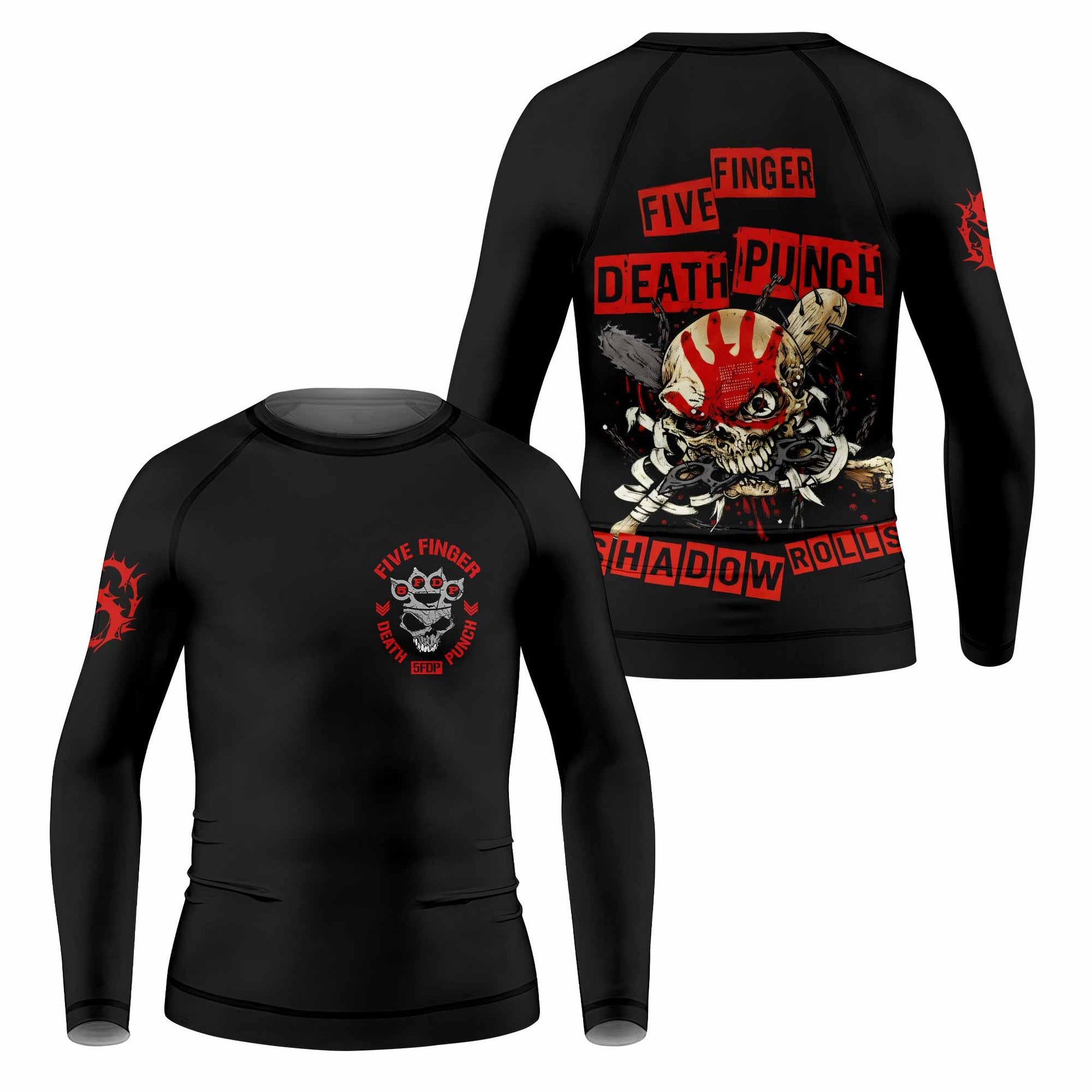 Five Finger Death Punch Shadowrolls Kids Rash Guard Long Sleeve - front and back view