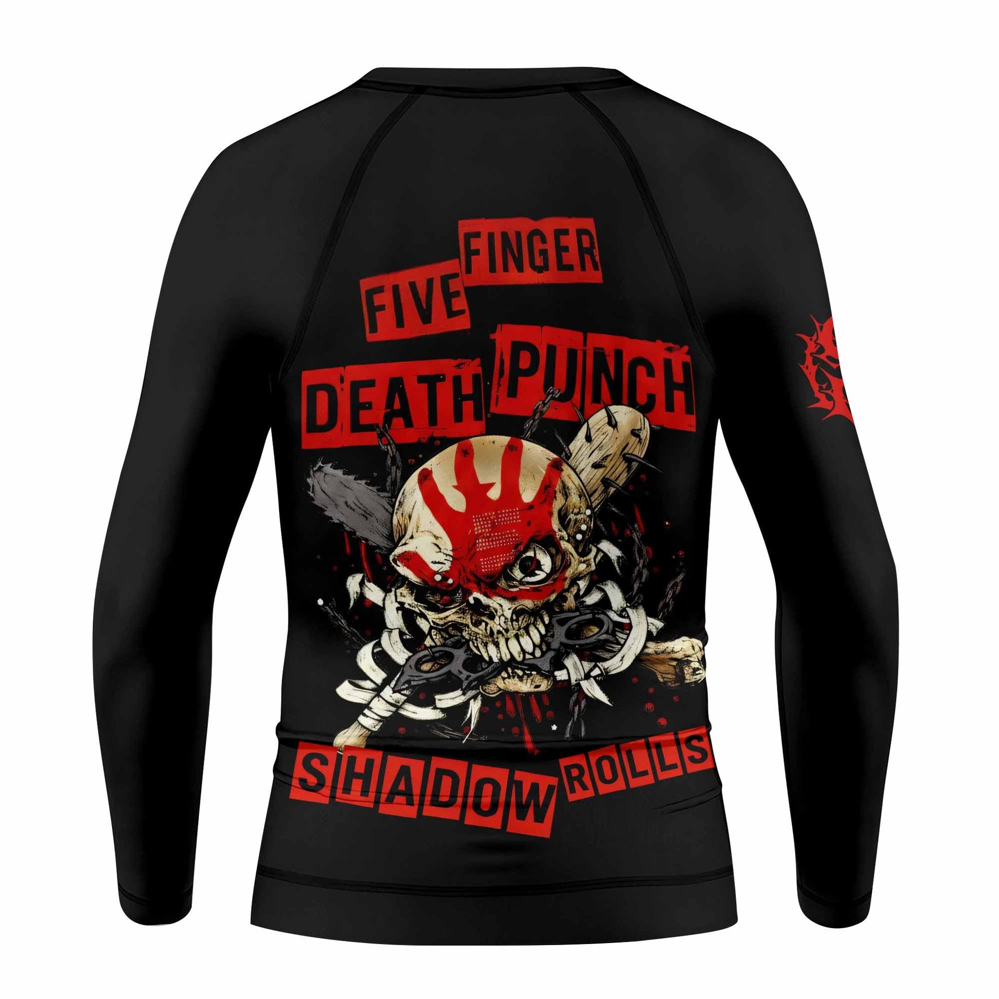 Five Finger Death Punch Shadowrolls Kids Rash Guard Long Sleeve - back view mockup