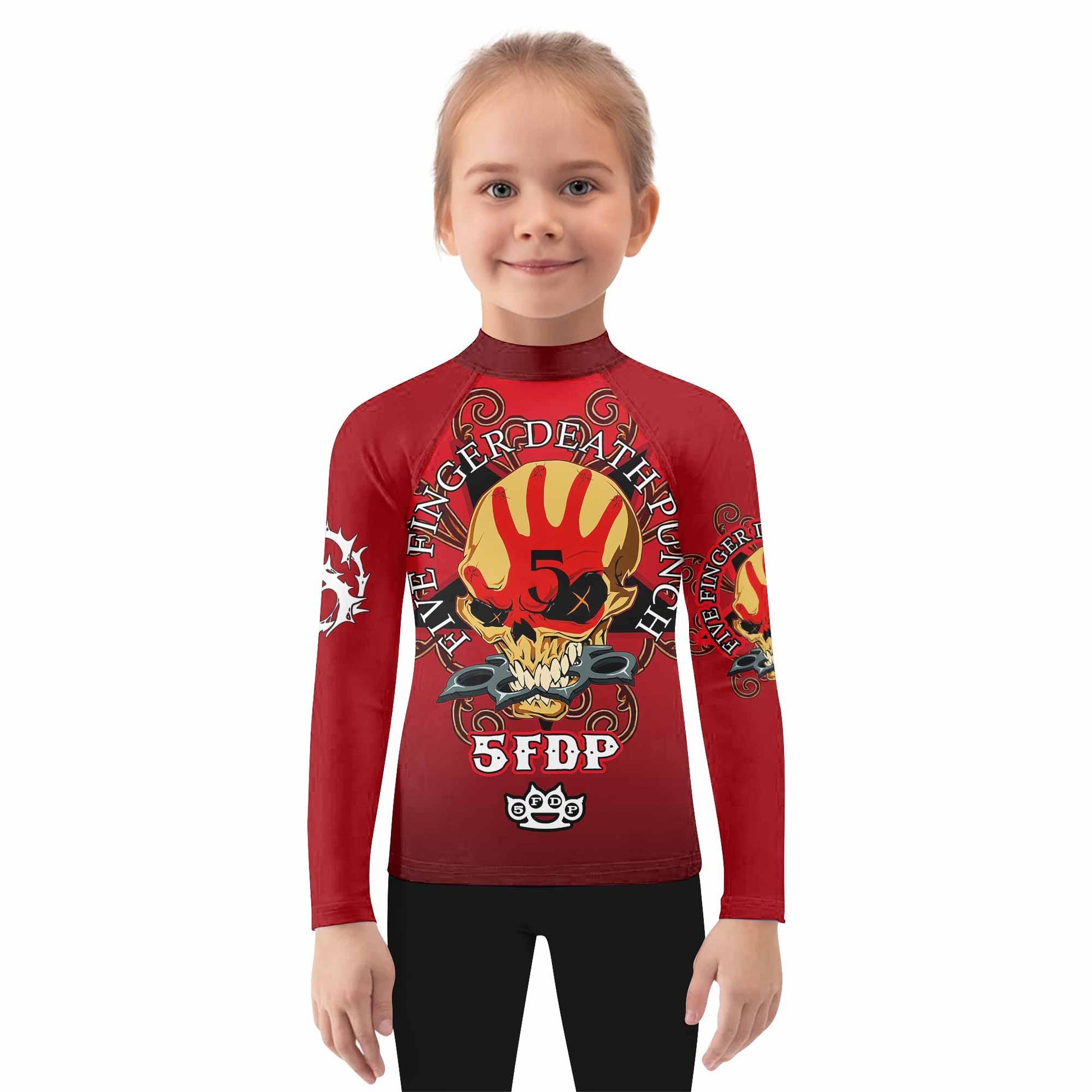5FDP Five Finger Death Punch Kids Rash Guard Long Sleeve - girl's lifestyle view