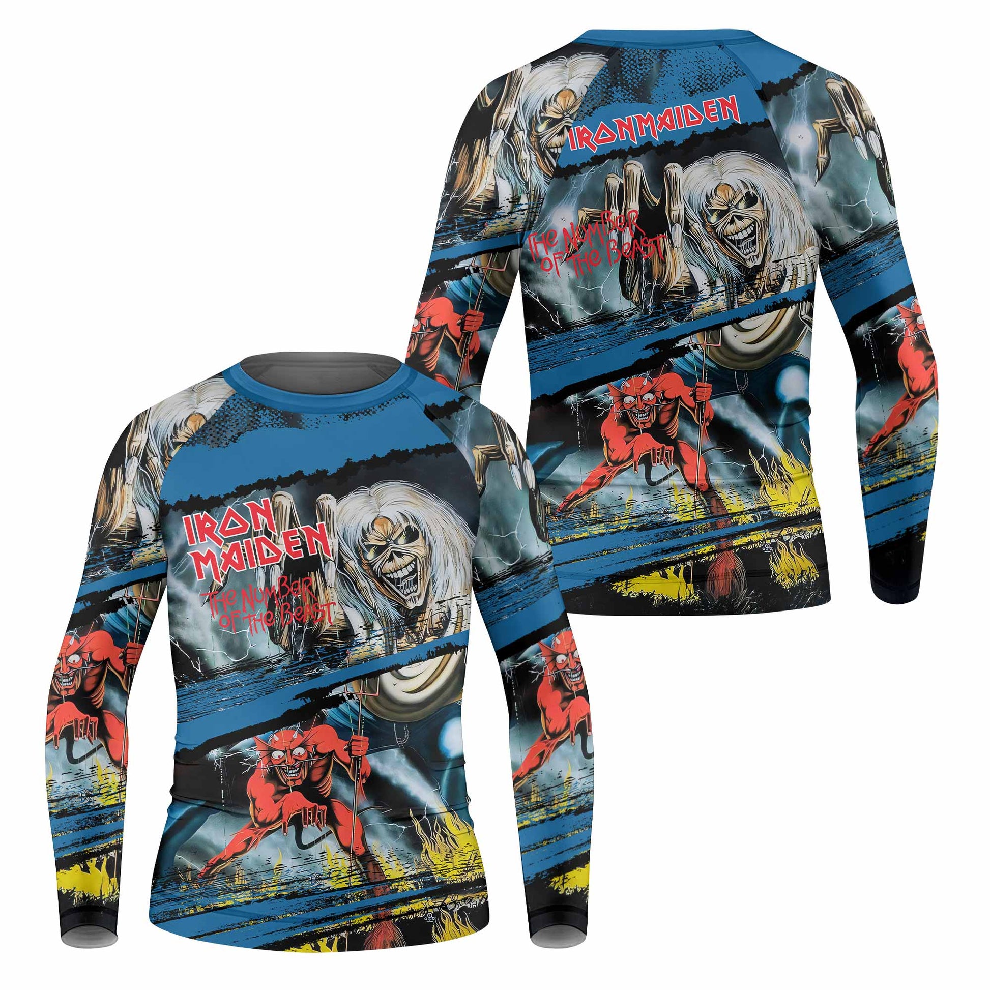 Iron Maiden The Number of the Beast Kids Rash Guard Long Sleeve - front and back view