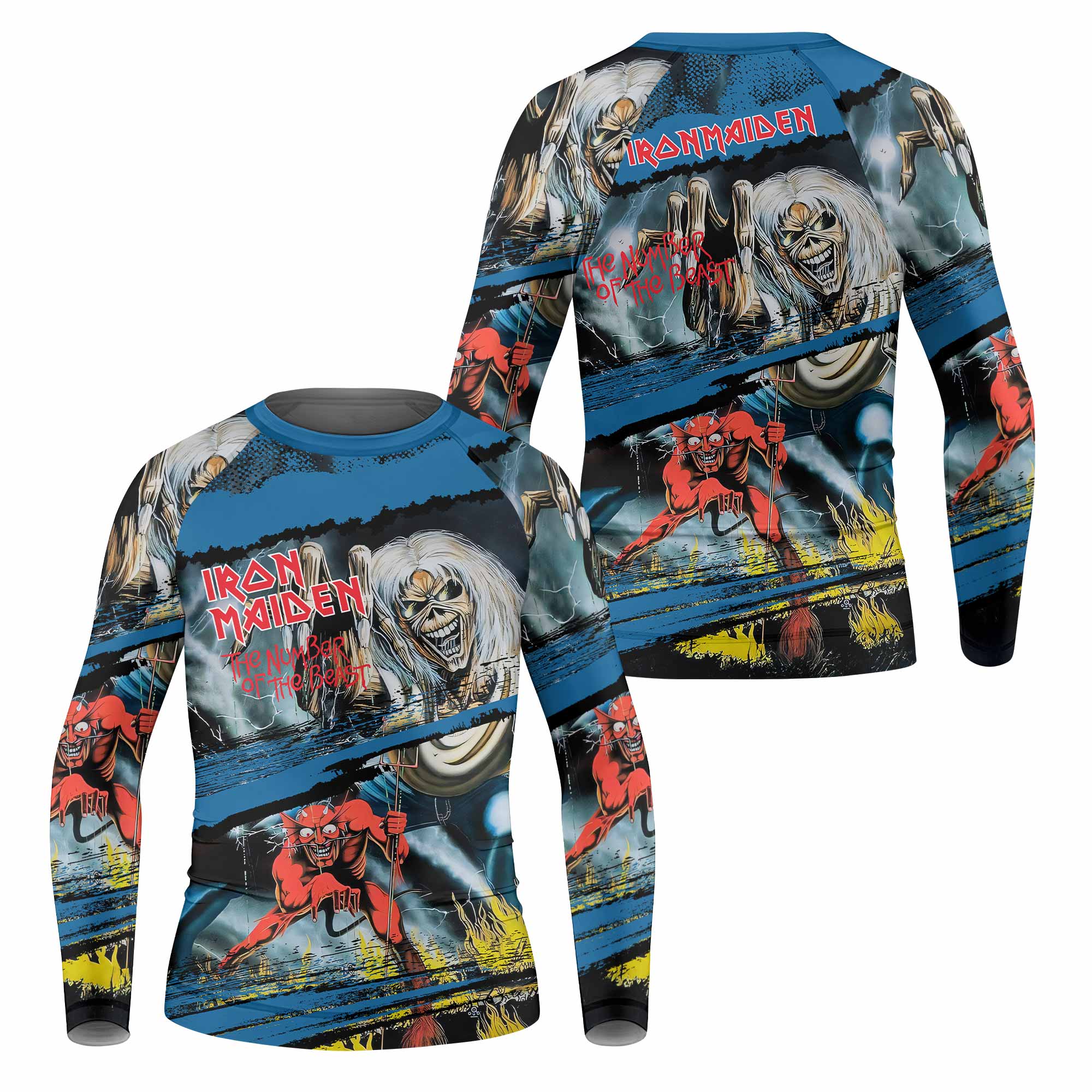 Iron Maiden The Number of the Beast Kids Rash Guard Long Sleeve - front and back view
