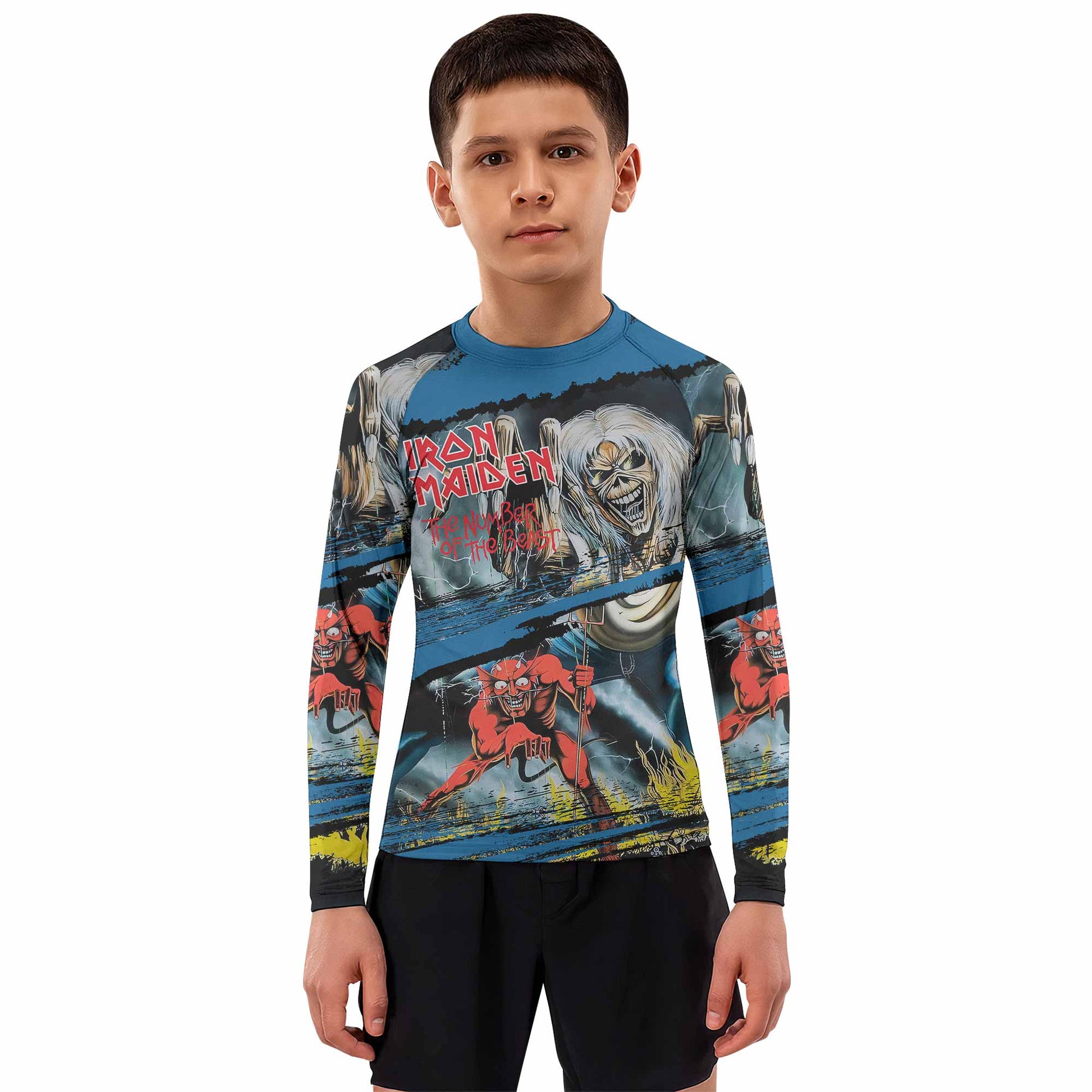 Iron Maiden The Number of the Beast Kids Rash Guard Long Sleeve - boy's lifestyle view