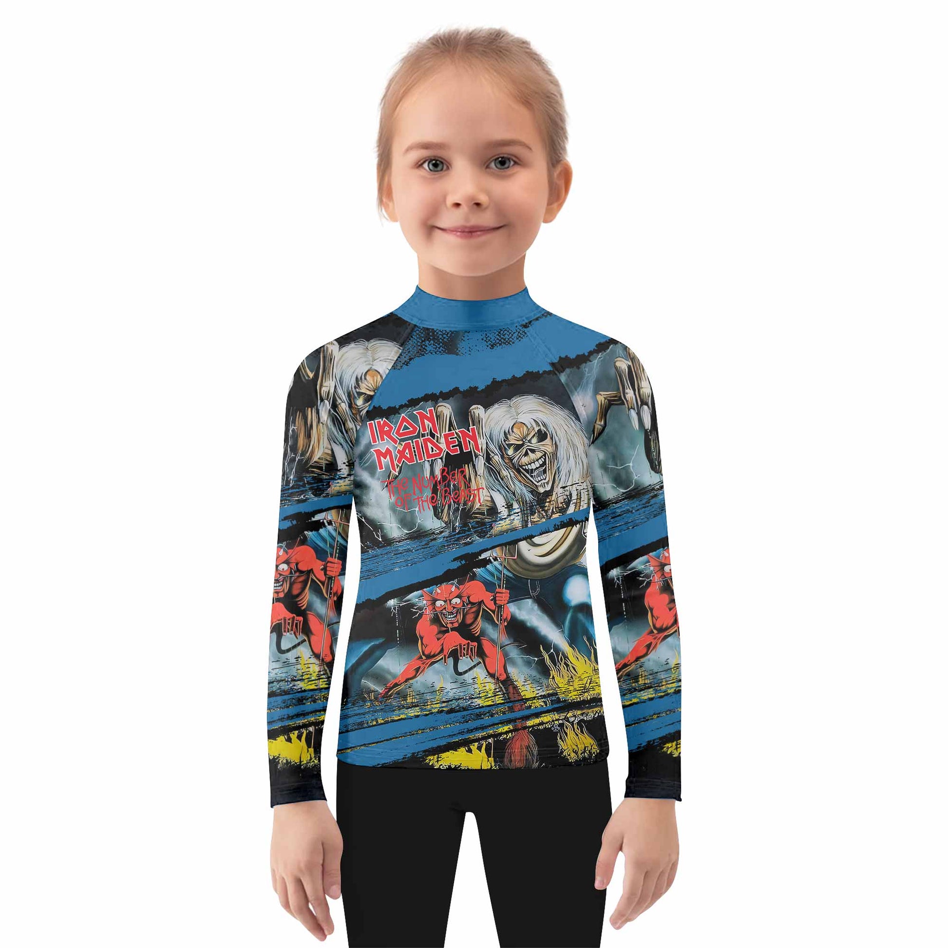 Iron Maiden The Number of the Beast Kids Rash Guard Long Sleeve - girl's lifestyle view