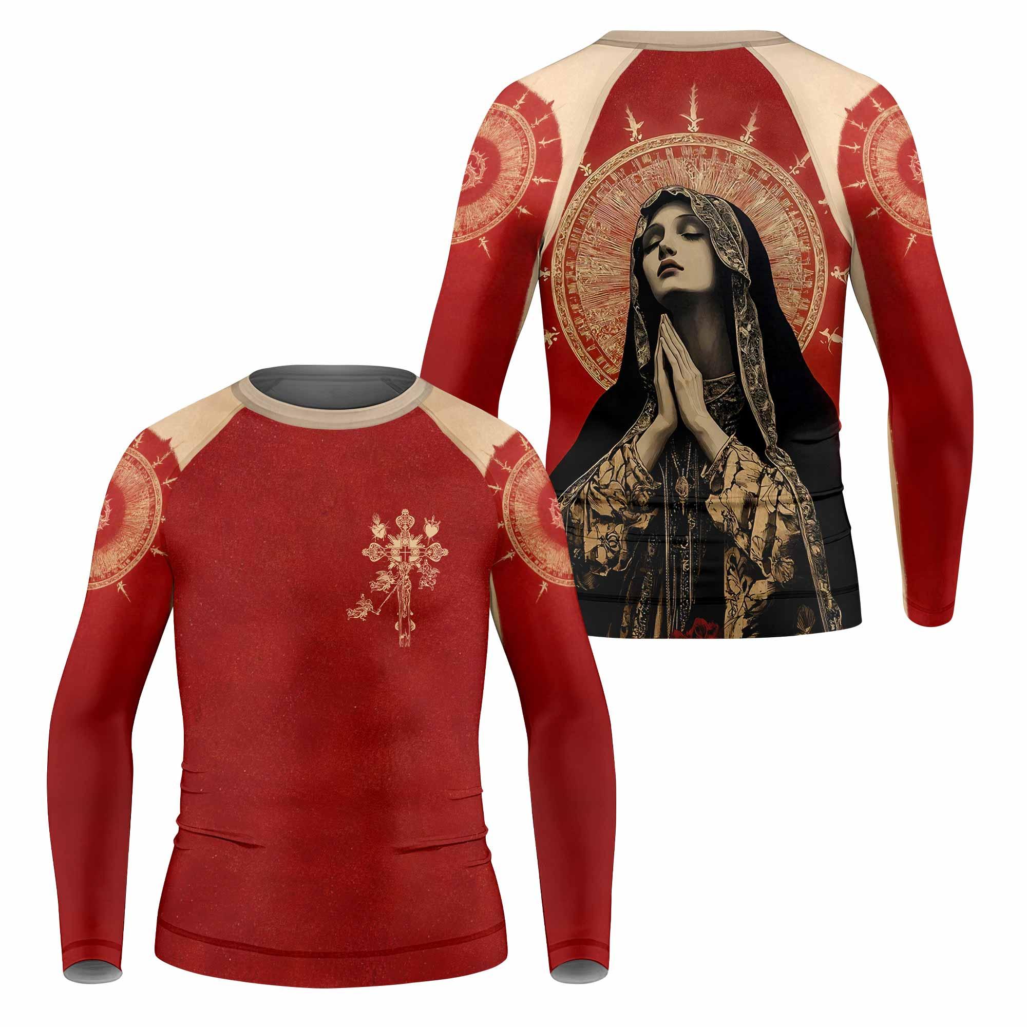 Mother of Sorrows Kids Rash Guard Long Sleeve - front and back view