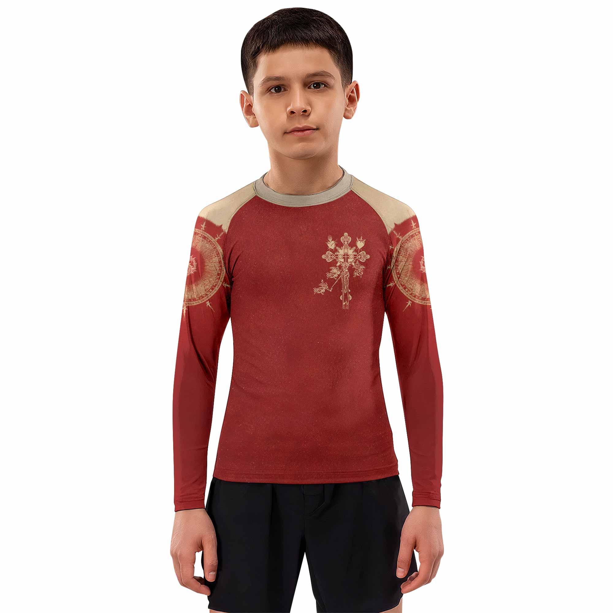 Mother of Sorrows Kids Rash Guard Long Sleeve - boy's lifestyle view