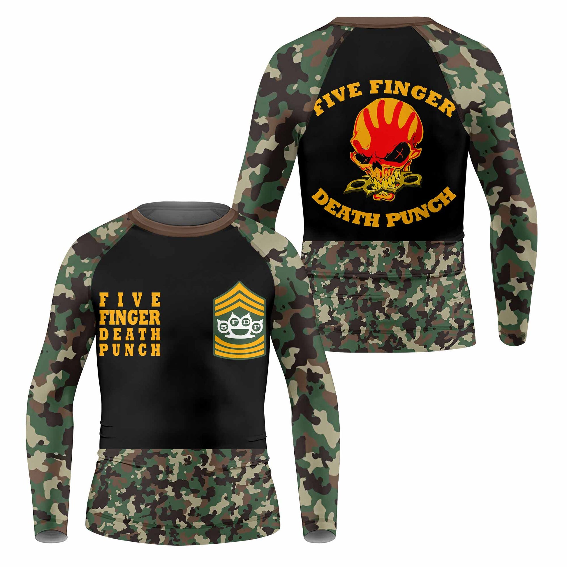 Five Finger Death Punch Camo Kids Rash Guard Long Sleeve - front and back view