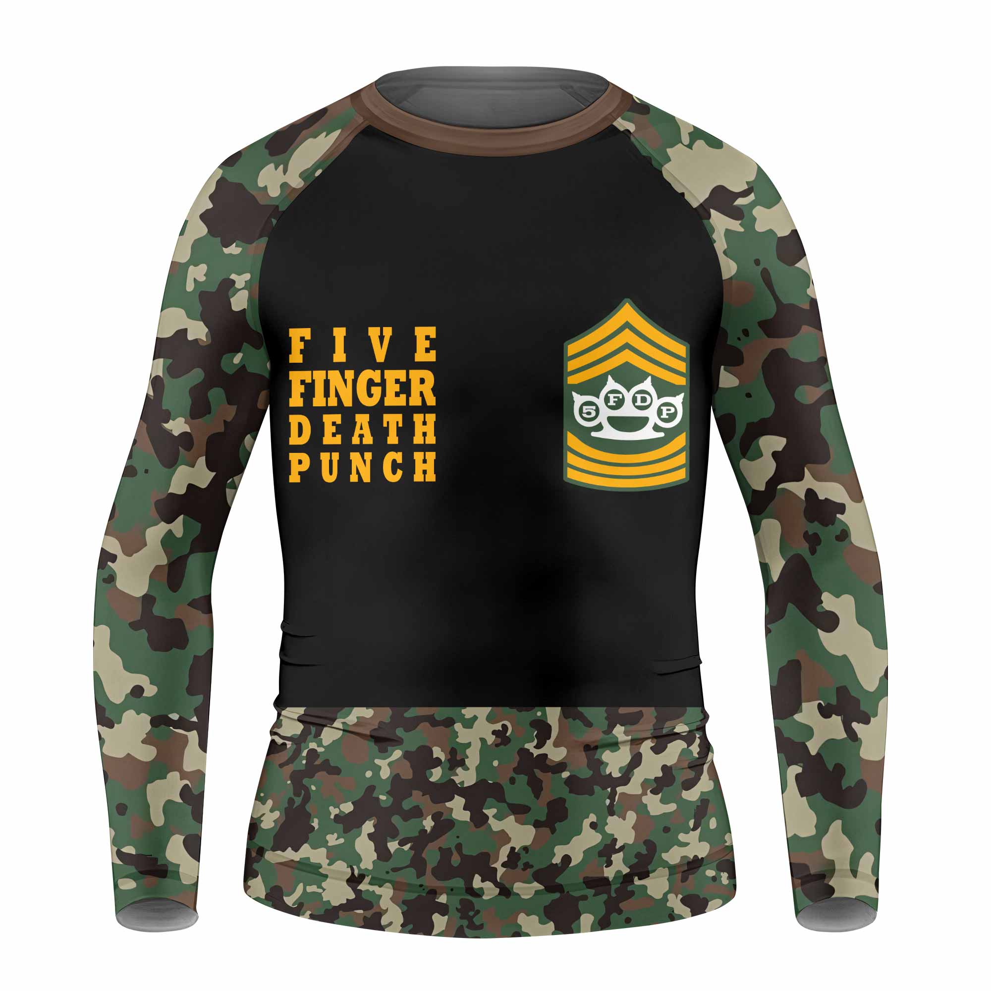 Five Finger Death Punch Camo Kids Rash Guard Long Sleeve - front view mockup