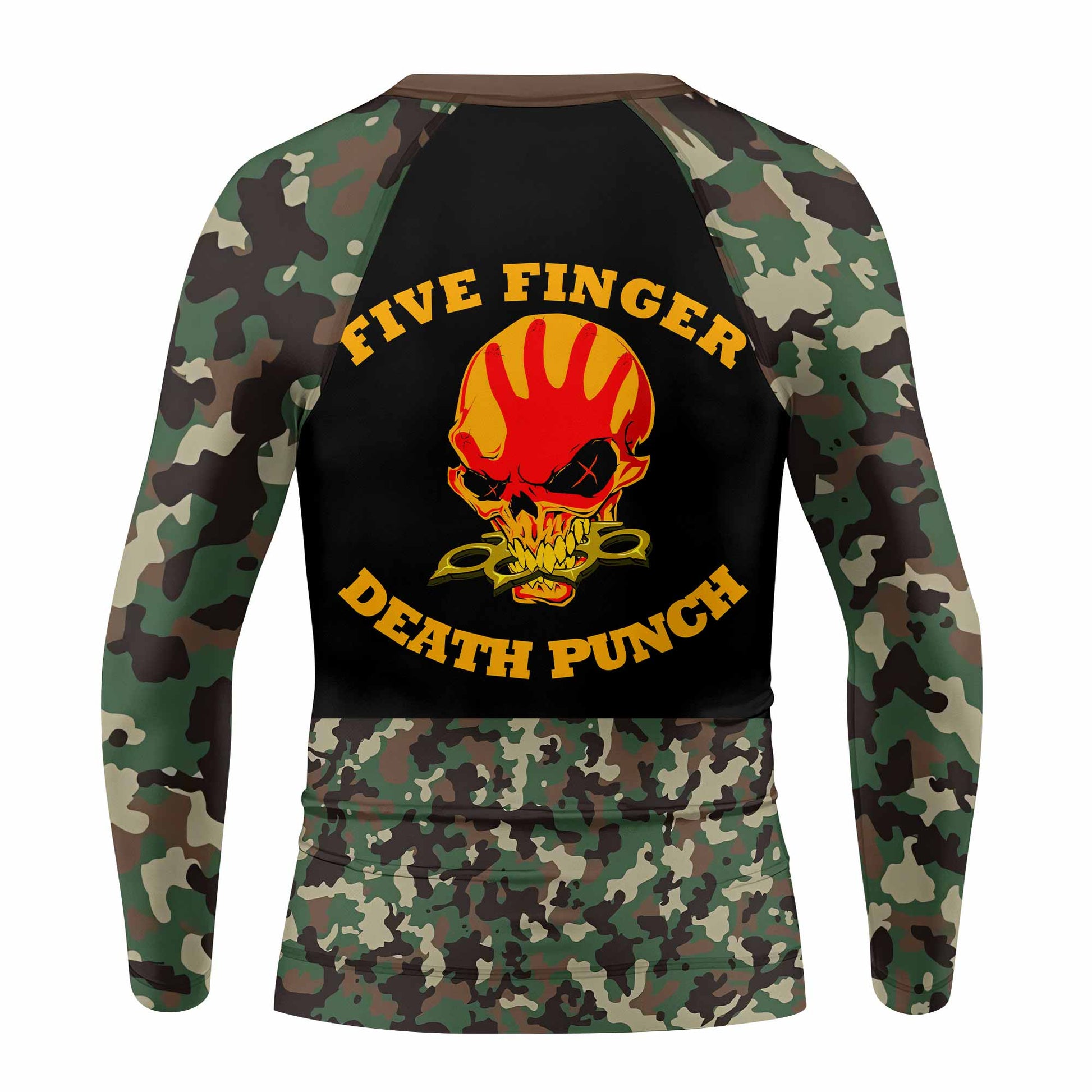 Five Finger Death Punch Camo Kids Rash Guard Long Sleeve - back view mockup