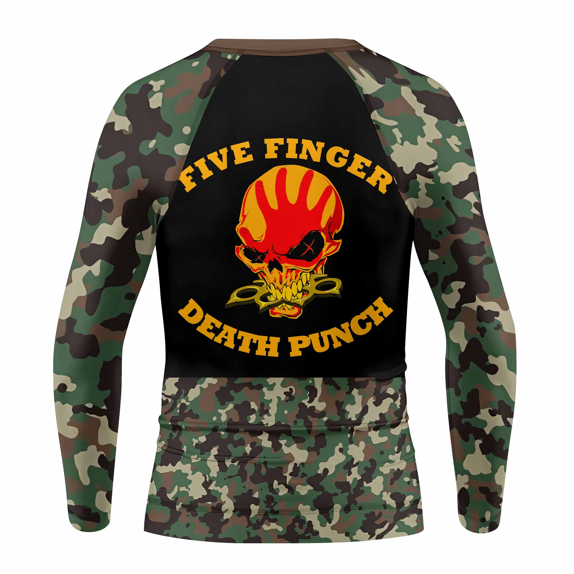 Five Finger Death Punch Camo Kids Rash Guard Long Sleeve - back view mockup