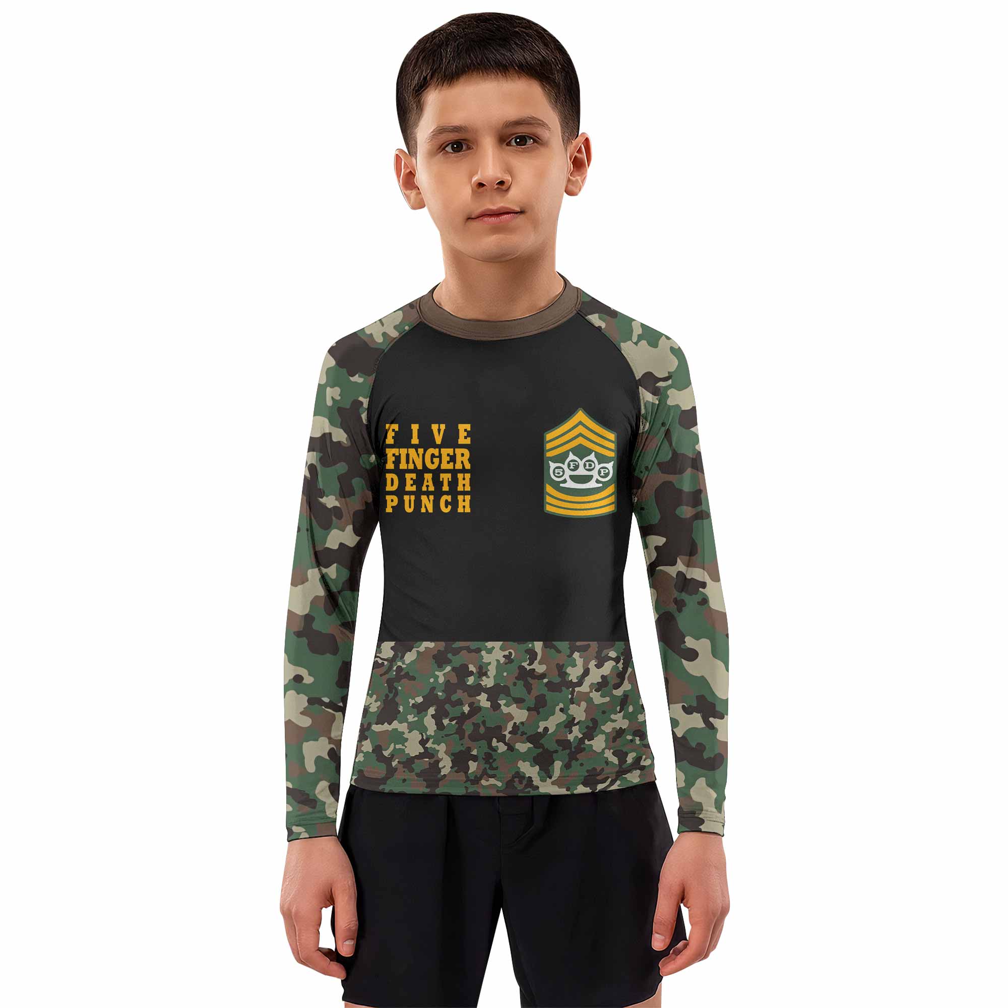Five Finger Death Punch Camo Kids Rash Guard Long Sleeve - boy's lifestyle view