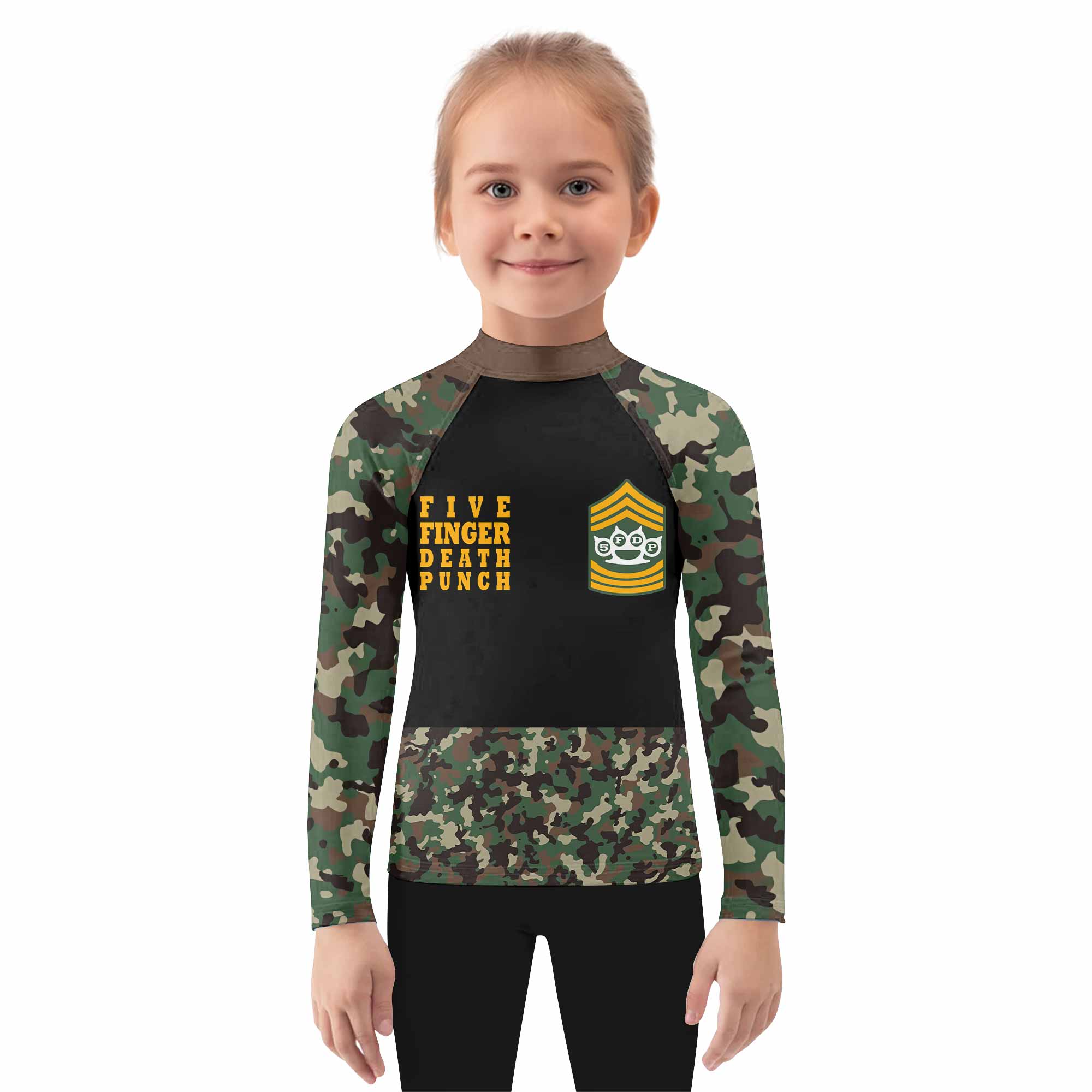 Five Finger Death Punch Camo Kids Rash Guard Long Sleeve - girl's lifestyle view