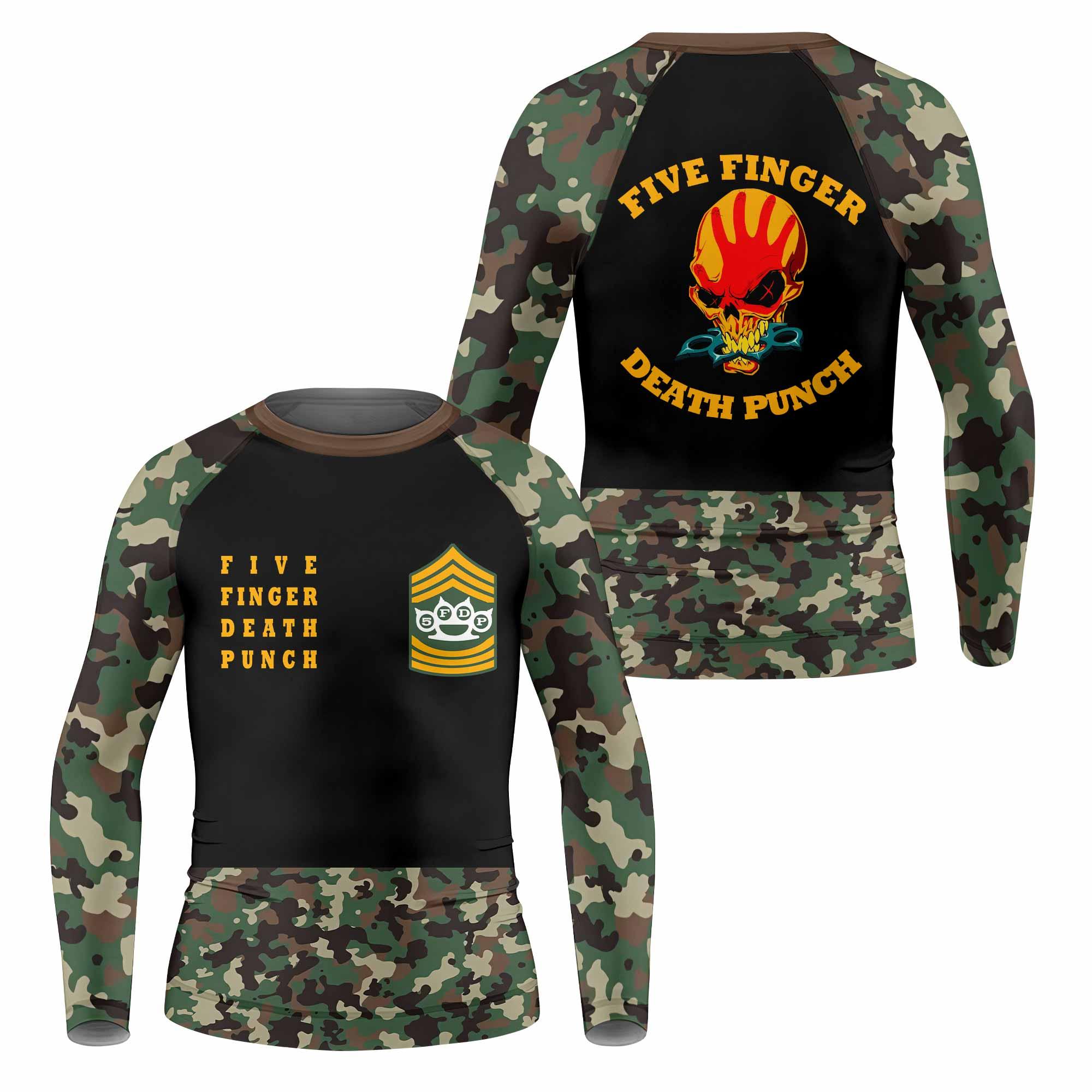 Five Finger Death Punch Camo Kids Rash Guard Long Sleeve - front and back view