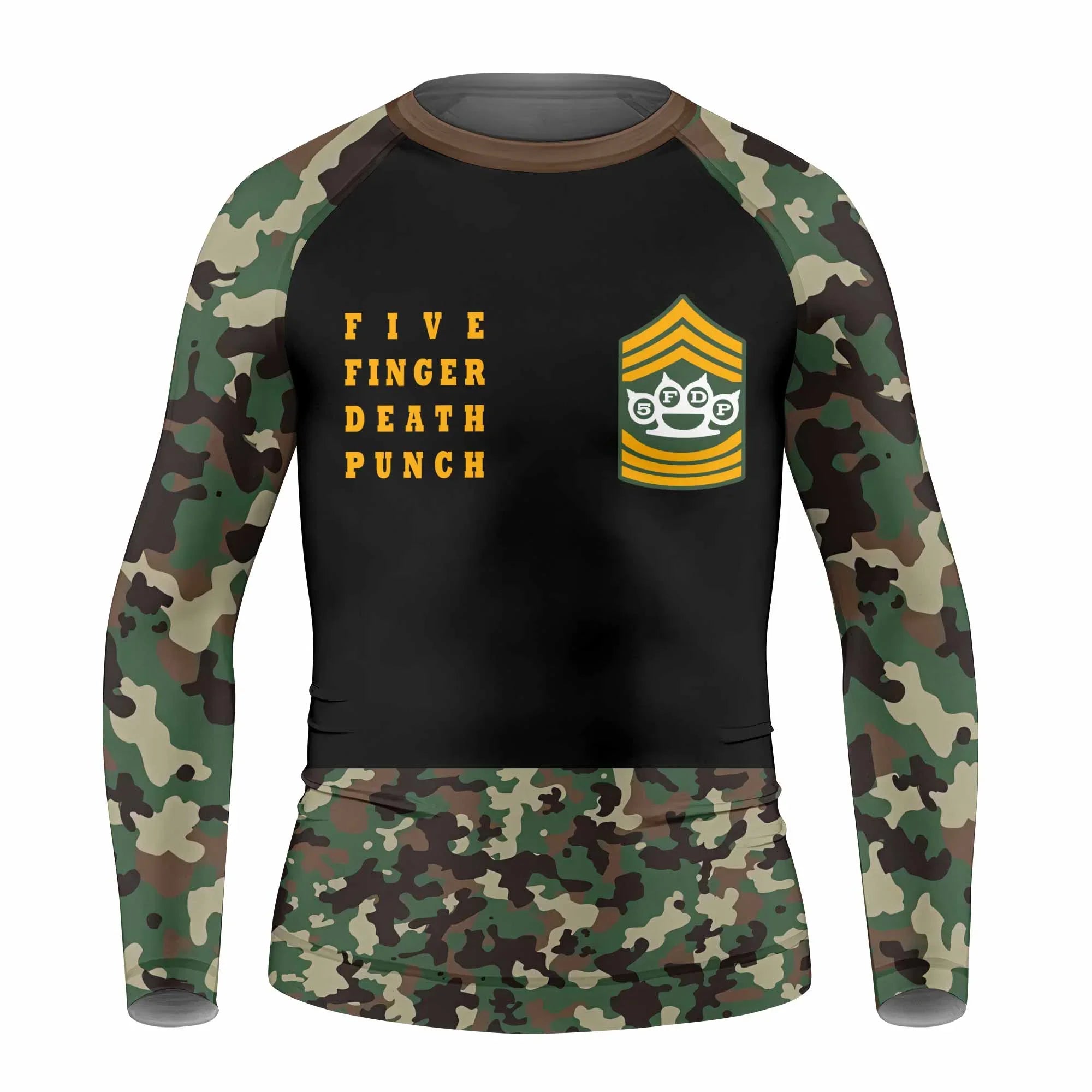 Five Finger Death Punch Camo Kids Rash Guard Long Sleeve - front view mockup
