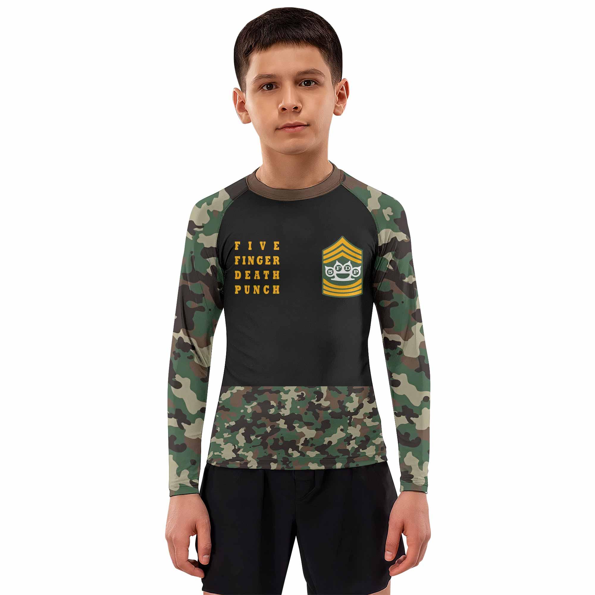 Five Finger Death Punch Camo Kids Rash Guard Long Sleeve - boy's lifestyle view