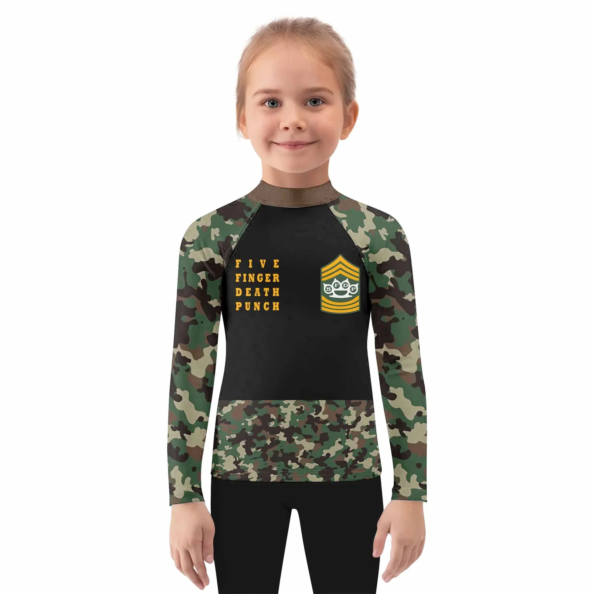 Five Finger Death Punch Camo Kids Rash Guard Long Sleeve - girl's lifestyle view
