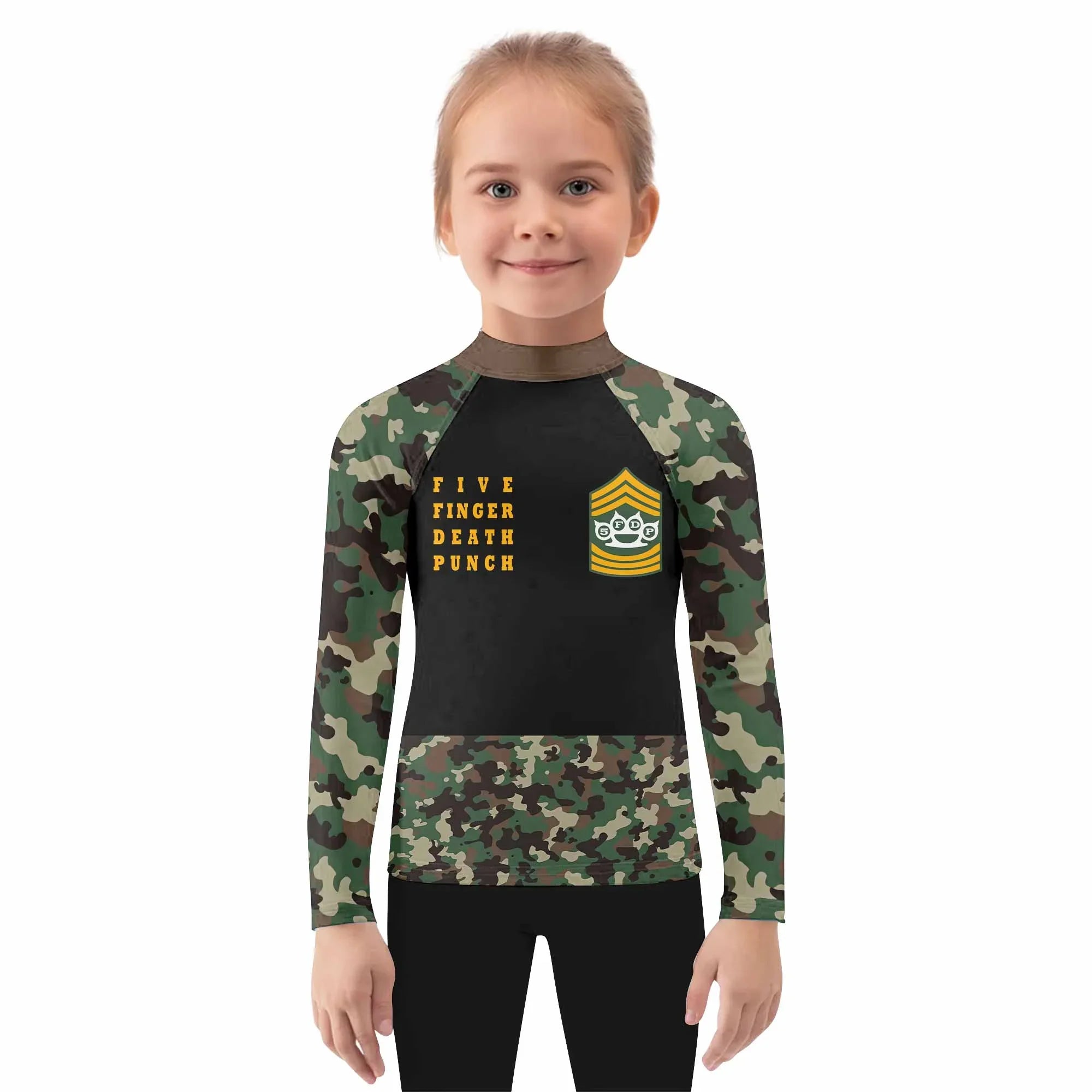 Five Finger Death Punch Camo Kids Rash Guard Long Sleeve - girl's lifestyle view