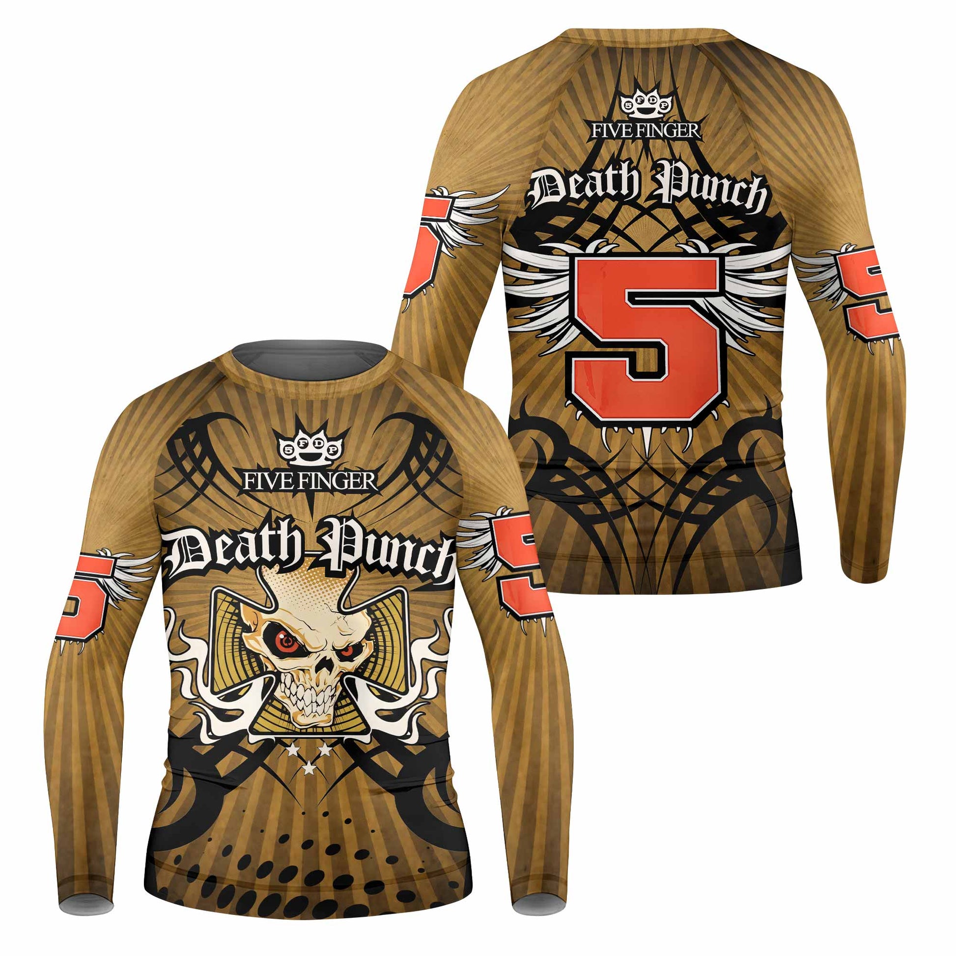 Five Finger Death Punch Gold V Kids Rash Guard Long Sleeve - front and back view