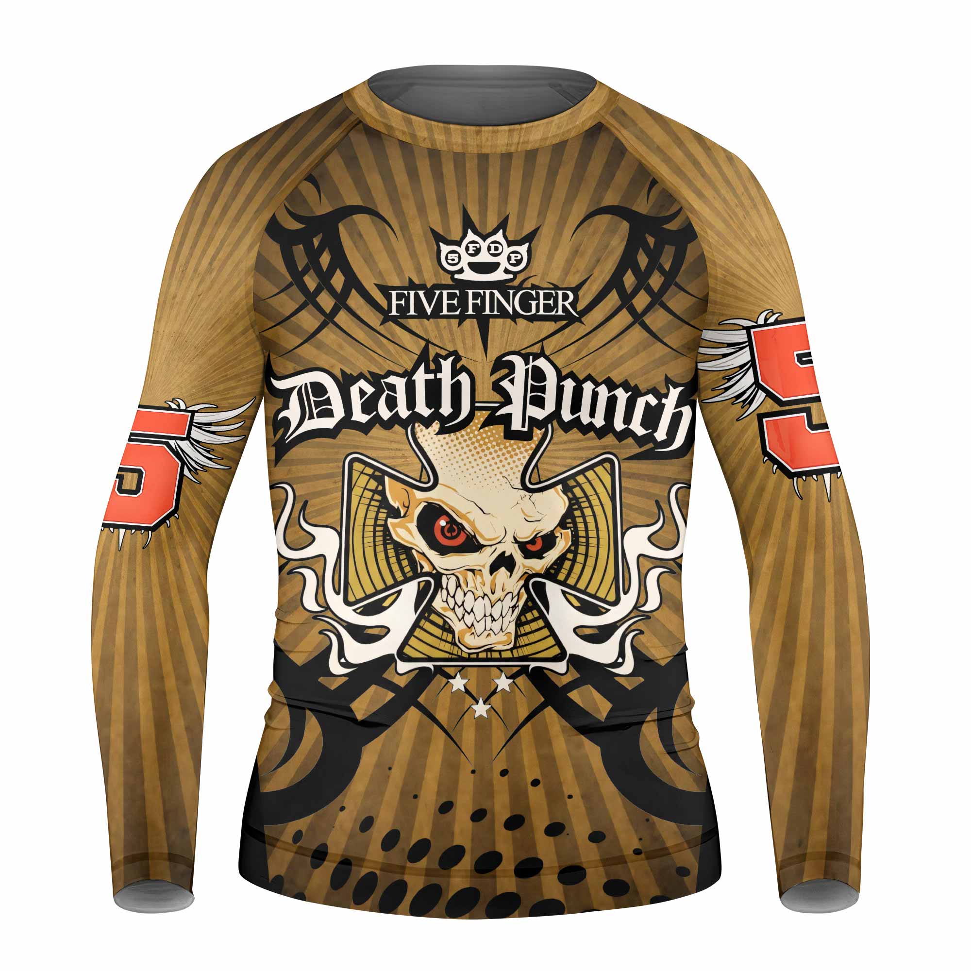 Five Finger Death Punch Gold V Kids Rash Guard Long Sleeve - front view mockup
