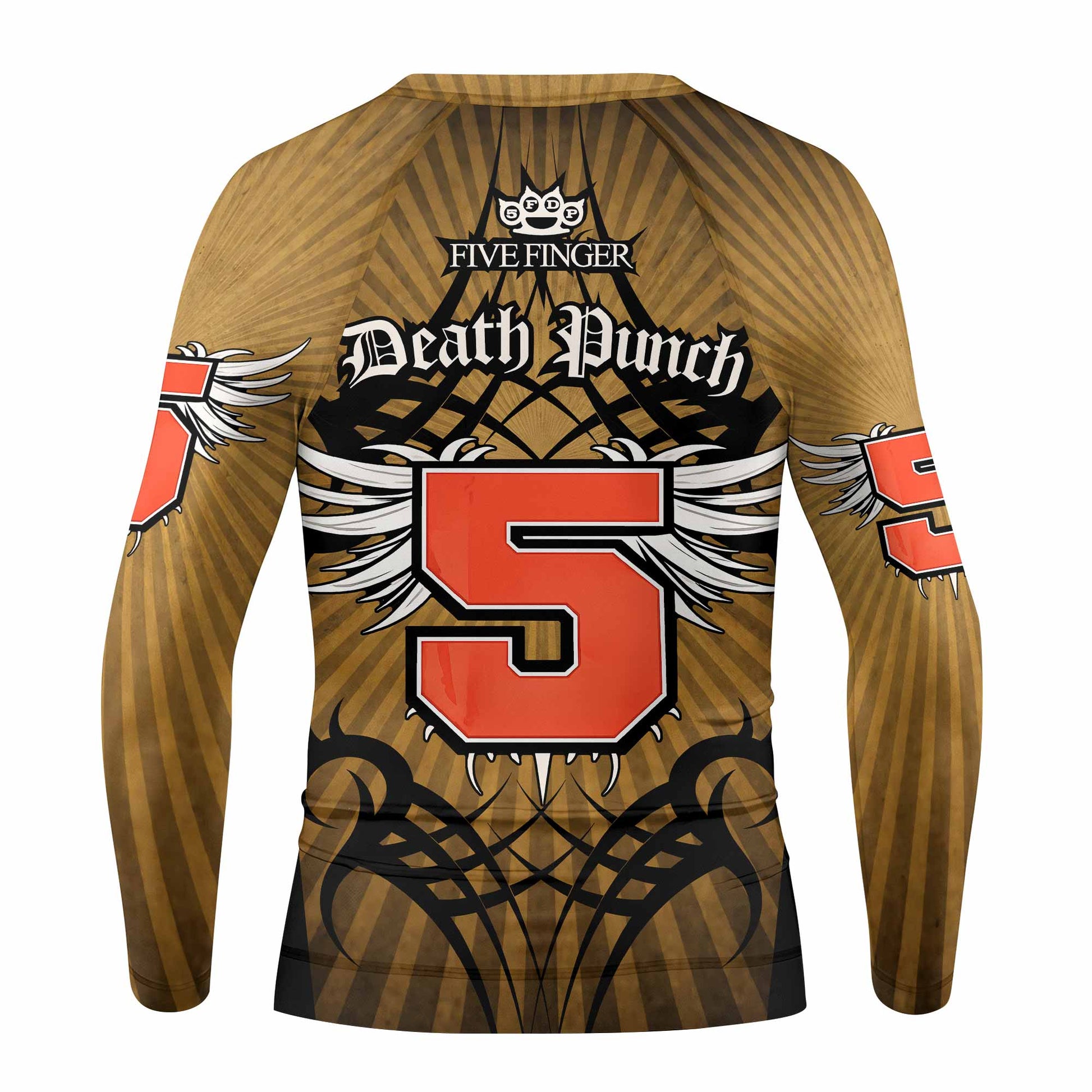 Five Finger Death Punch Gold V Kids Rash Guard Long Sleeve - back view mockup