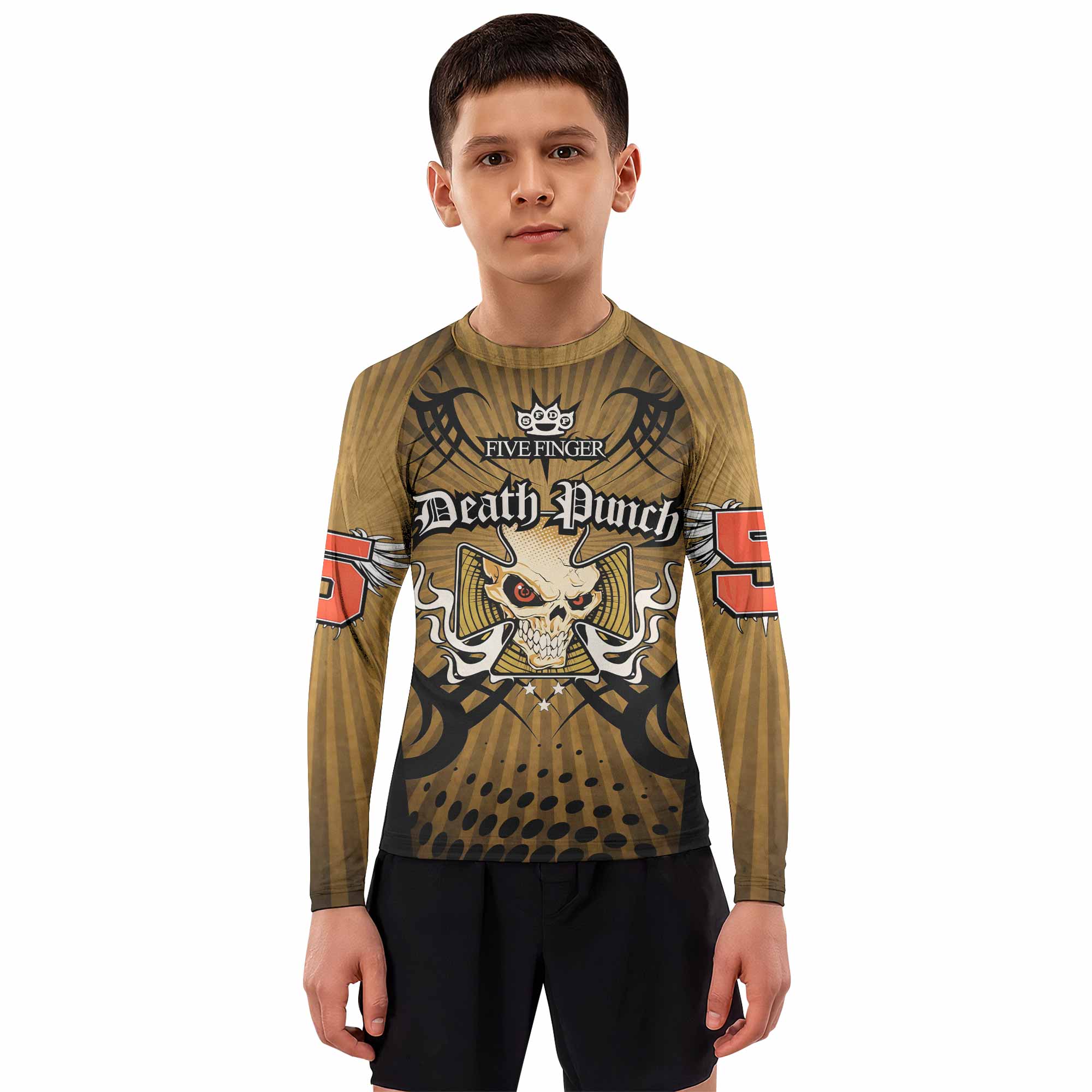 Five Finger Death Punch Gold V Kids Rash Guard Long Sleeve - boy's lifestyle view