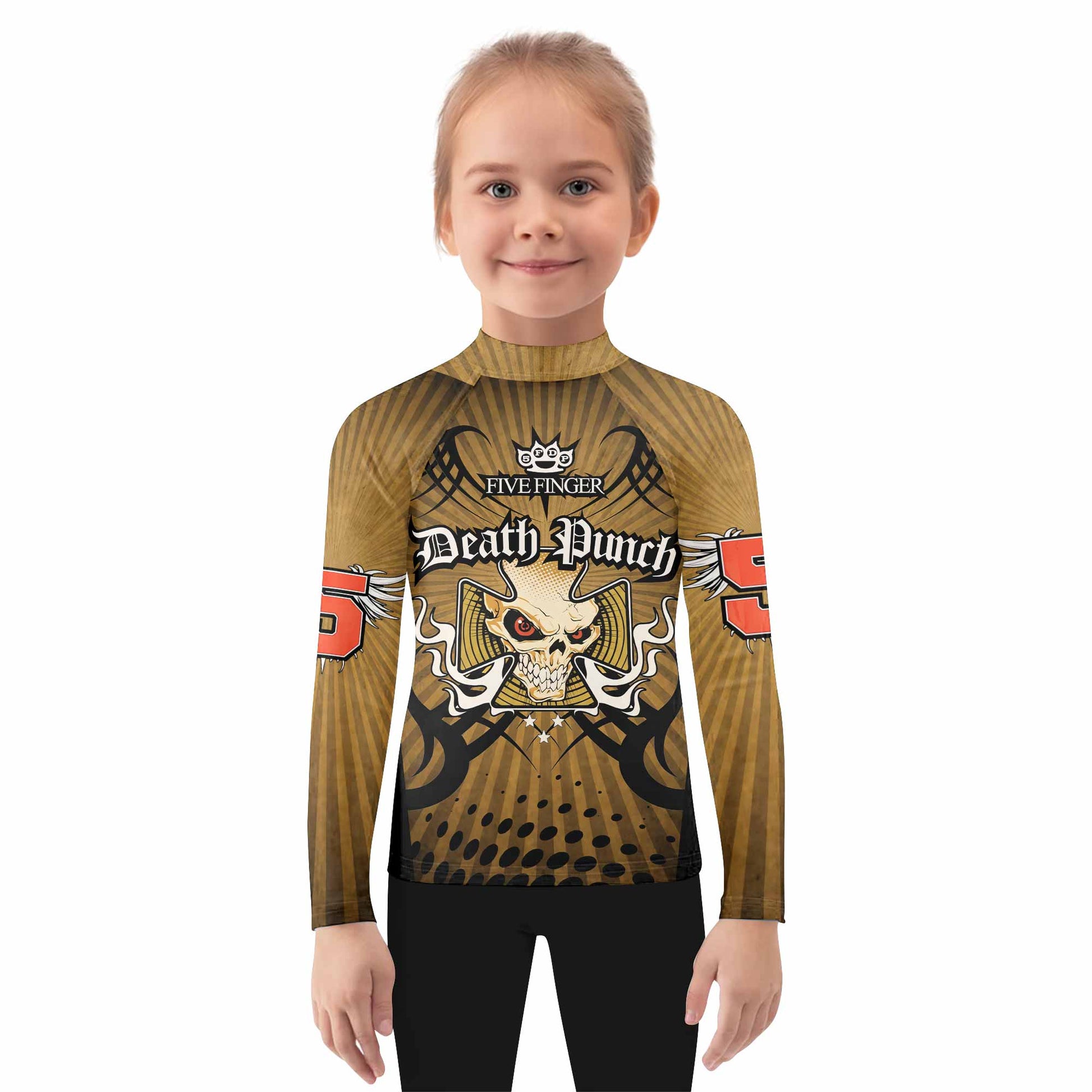 Five Finger Death Punch Gold V Kids Rash Guard Long Sleeve - girl's lifestyle view