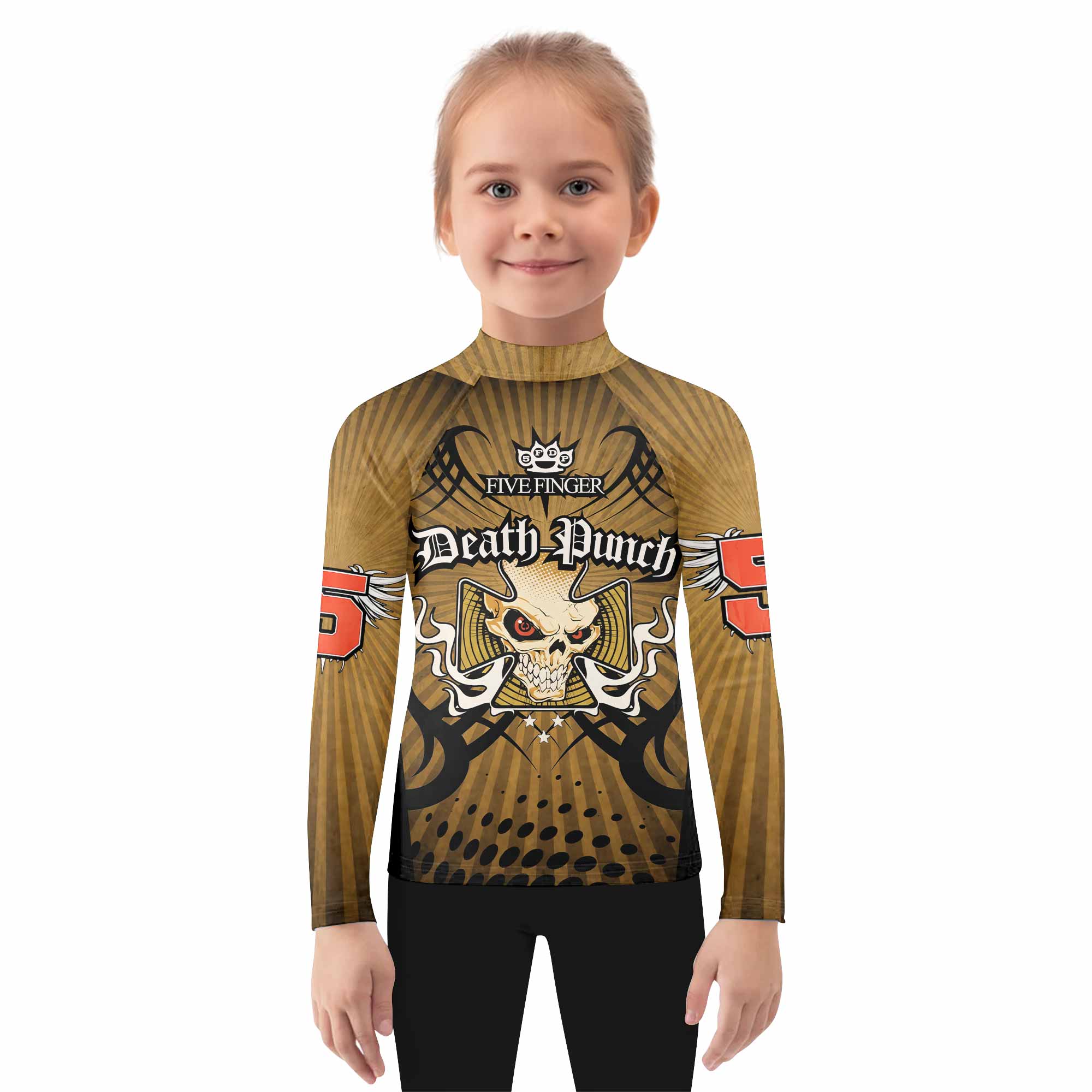 Five Finger Death Punch Gold V Kids Rash Guard Long Sleeve - girl's lifestyle view