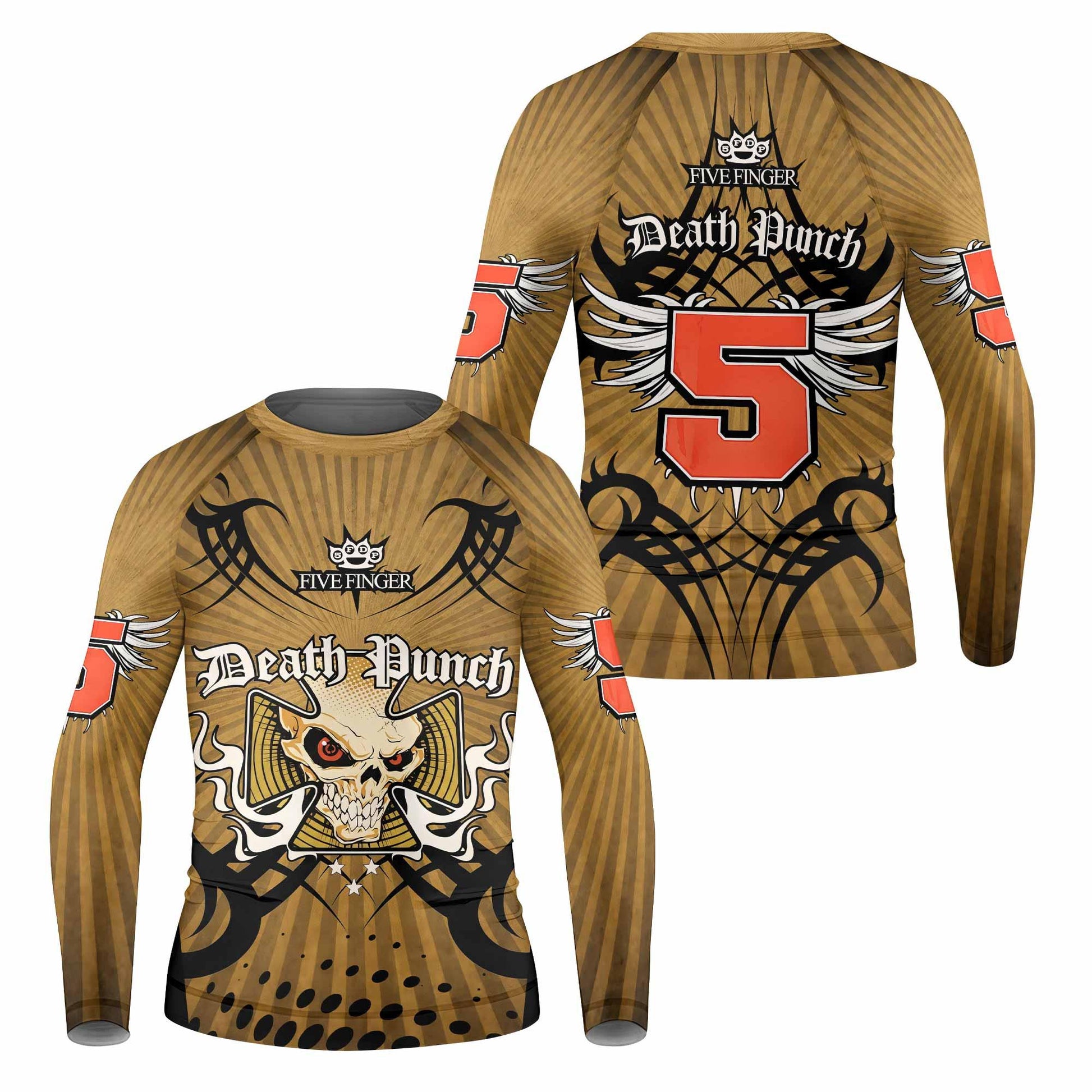 Five Finger Death Punch Gold V Kids Rash Guard Long Sleeve - front and back view