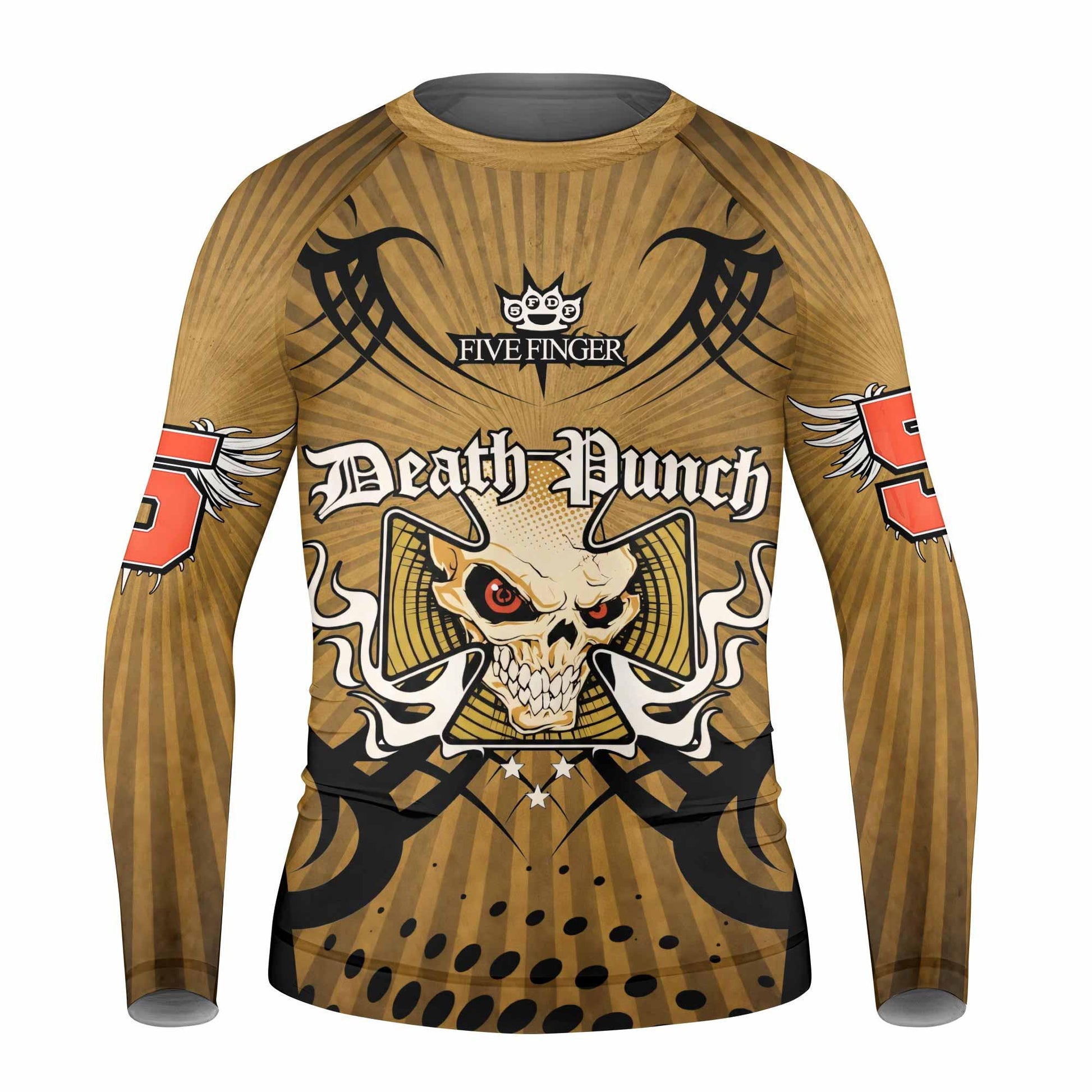 Five Finger Death Punch Gold V Kids Rash Guard Long Sleeve - front view mockup