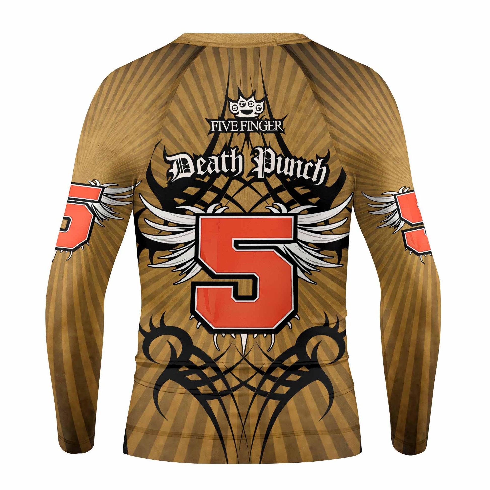 Five Finger Death Punch Gold V Kids Rash Guard Long Sleeve - back view mockup
