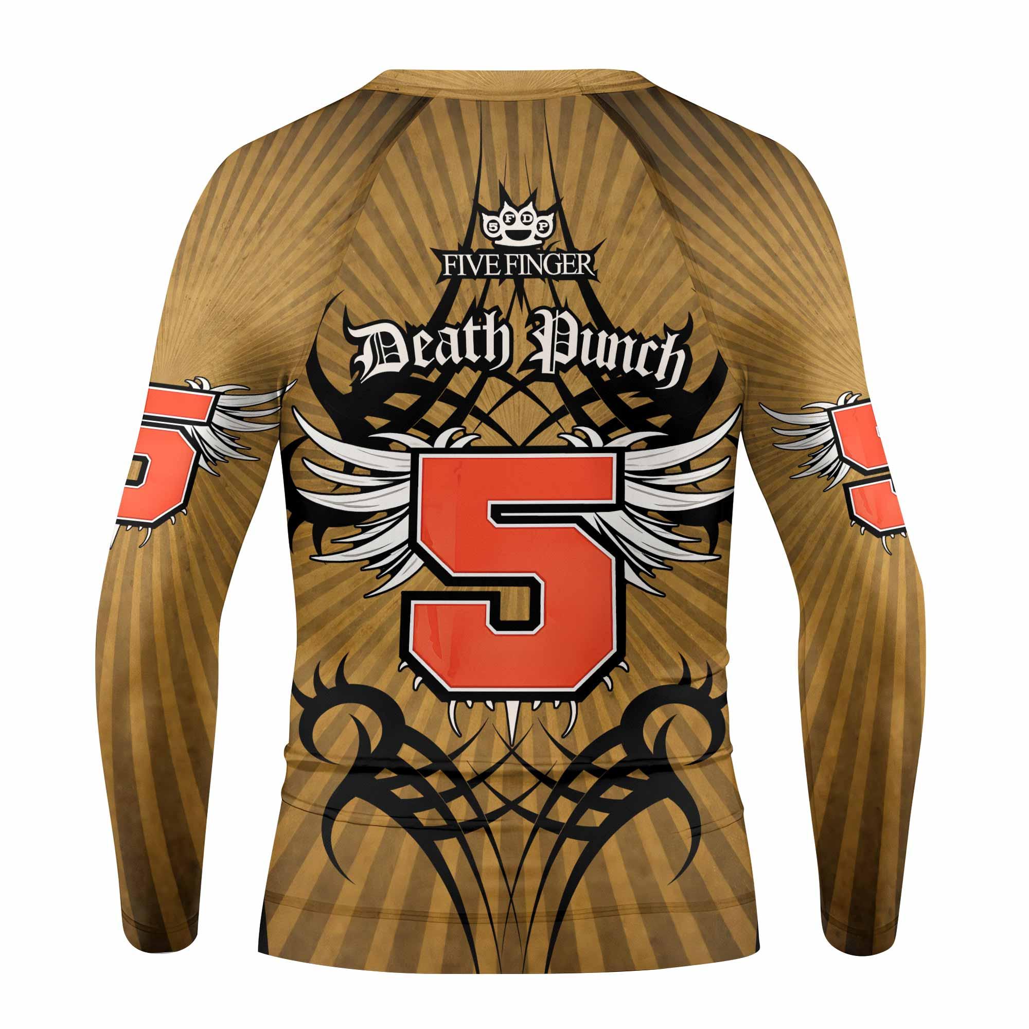 Five Finger Death Punch Gold V Kids Rash Guard Long Sleeve - back view mockup