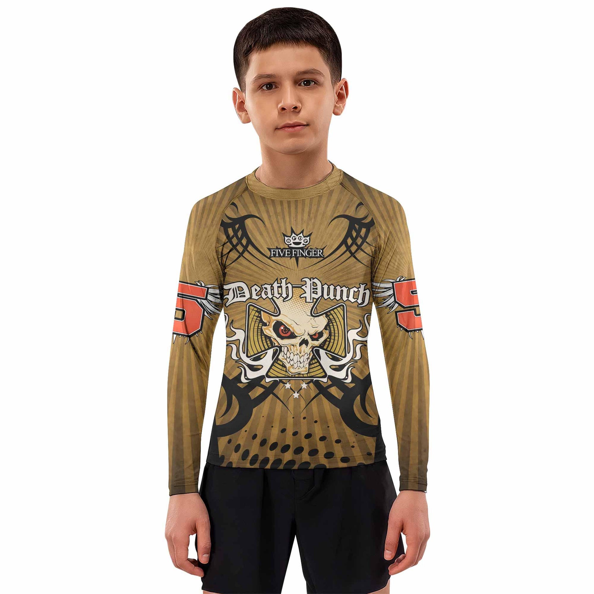 Five Finger Death Punch Gold V Kids Rash Guard Long Sleeve - boy's lifestyle view
