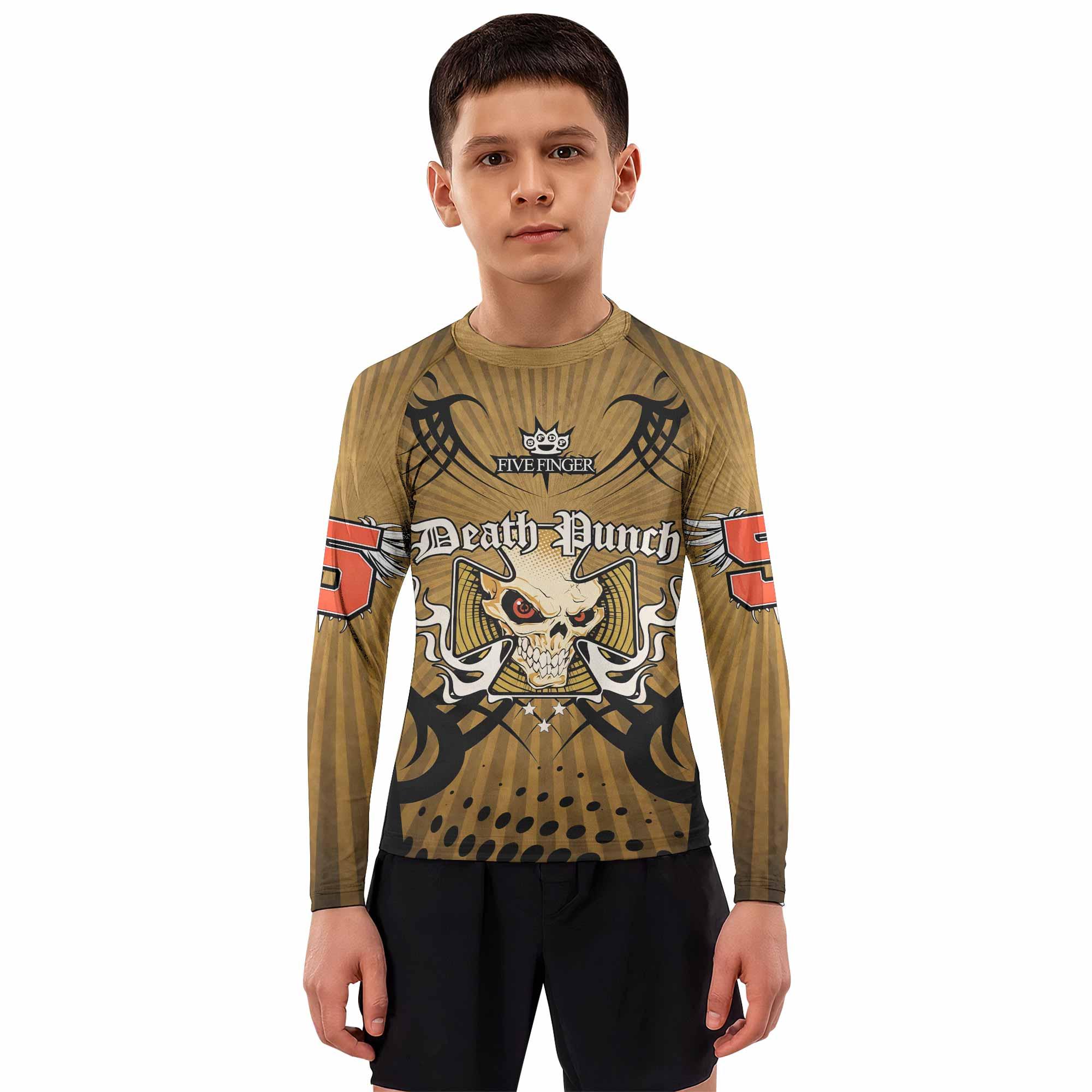 Five Finger Death Punch Gold V Kids Rash Guard Long Sleeve - boy's lifestyle view