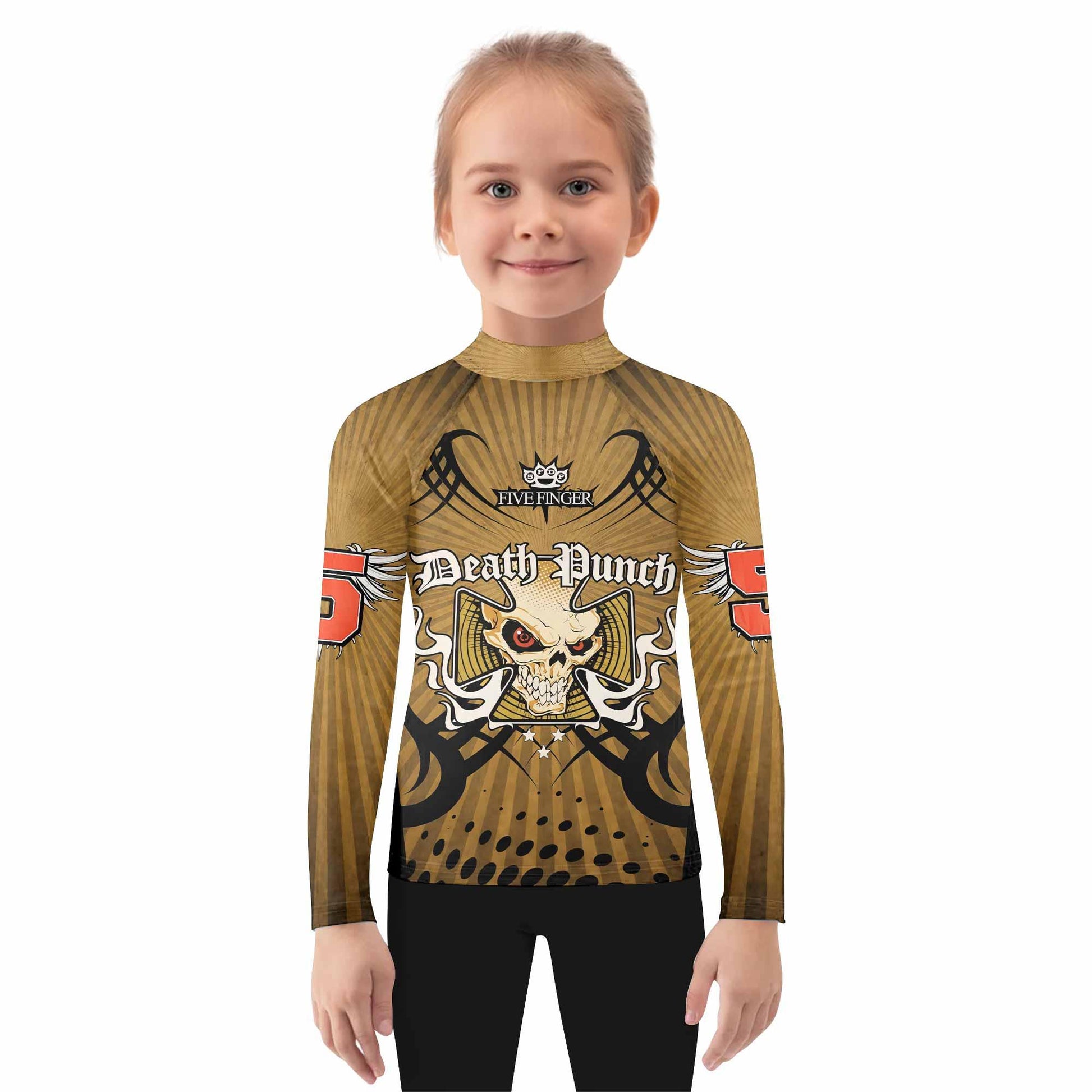 Five Finger Death Punch Gold V Kids Rash Guard Long Sleeve - girl's lifestyle view