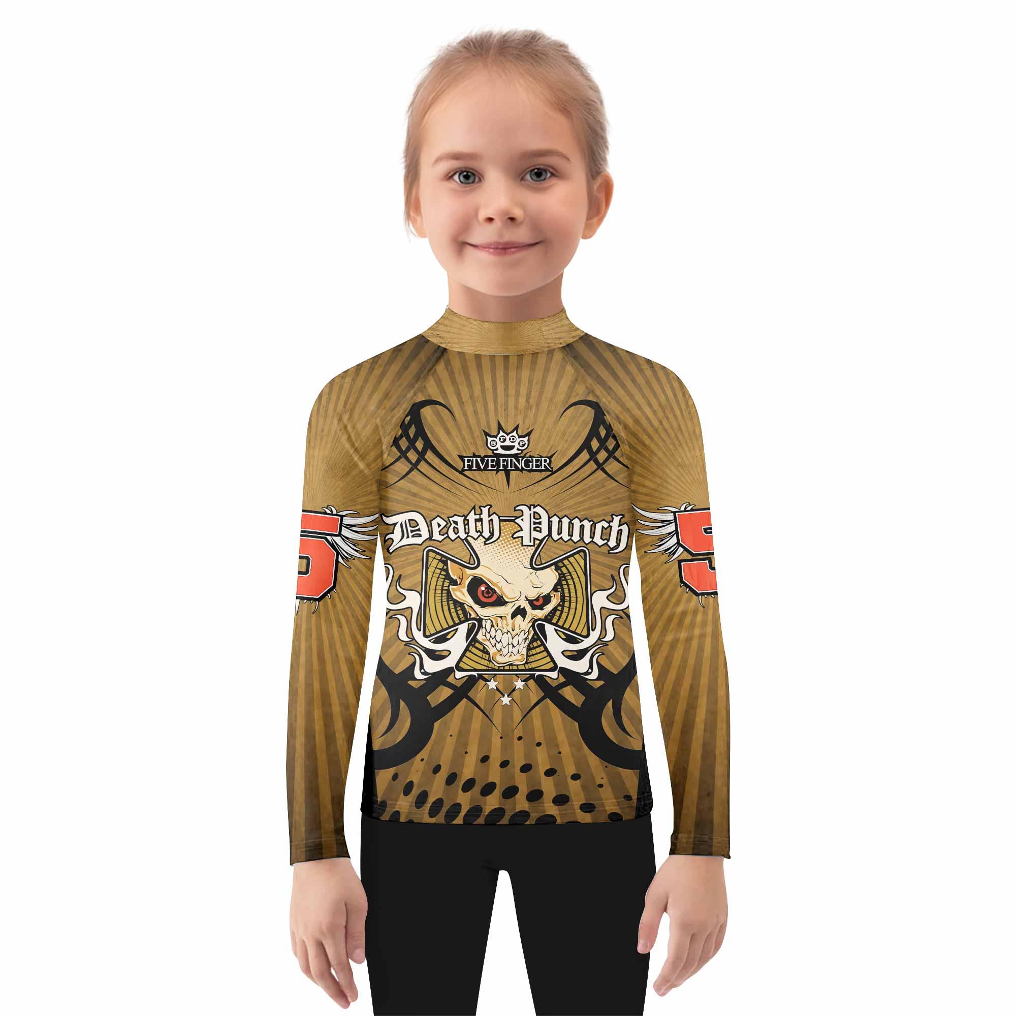 Five Finger Death Punch Gold V Kids Rash Guard Long Sleeve - girl's lifestyle view