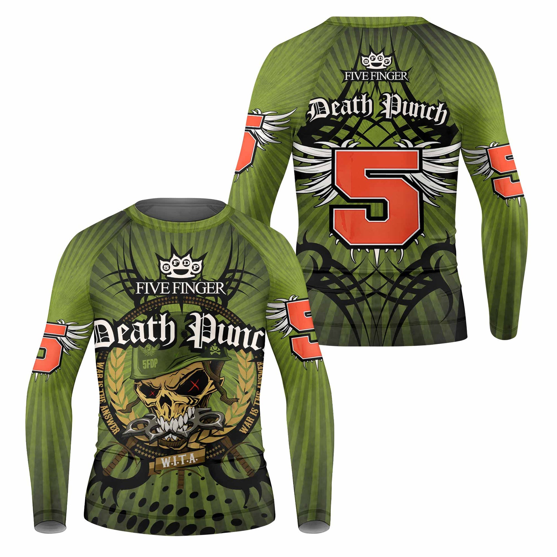 Five Finger Death Punch Green V Kids Rash Guard Long Sleeve - front and back view