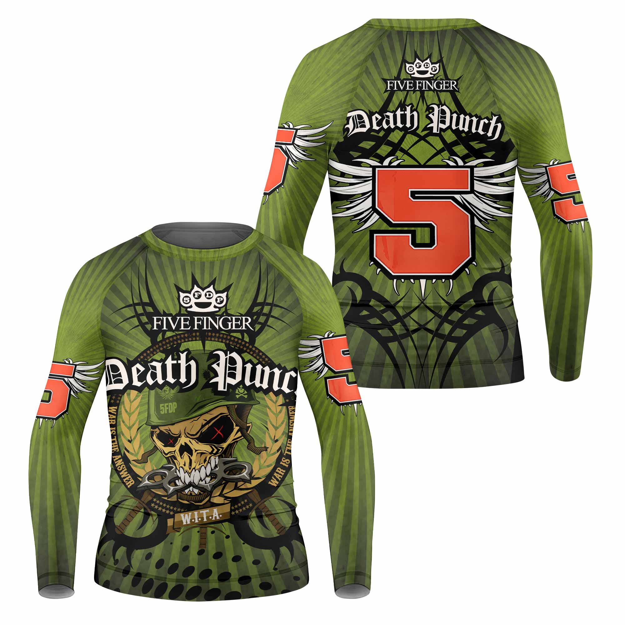 Five Finger Death Punch Green V Kids Rash Guard Long Sleeve - front and back view