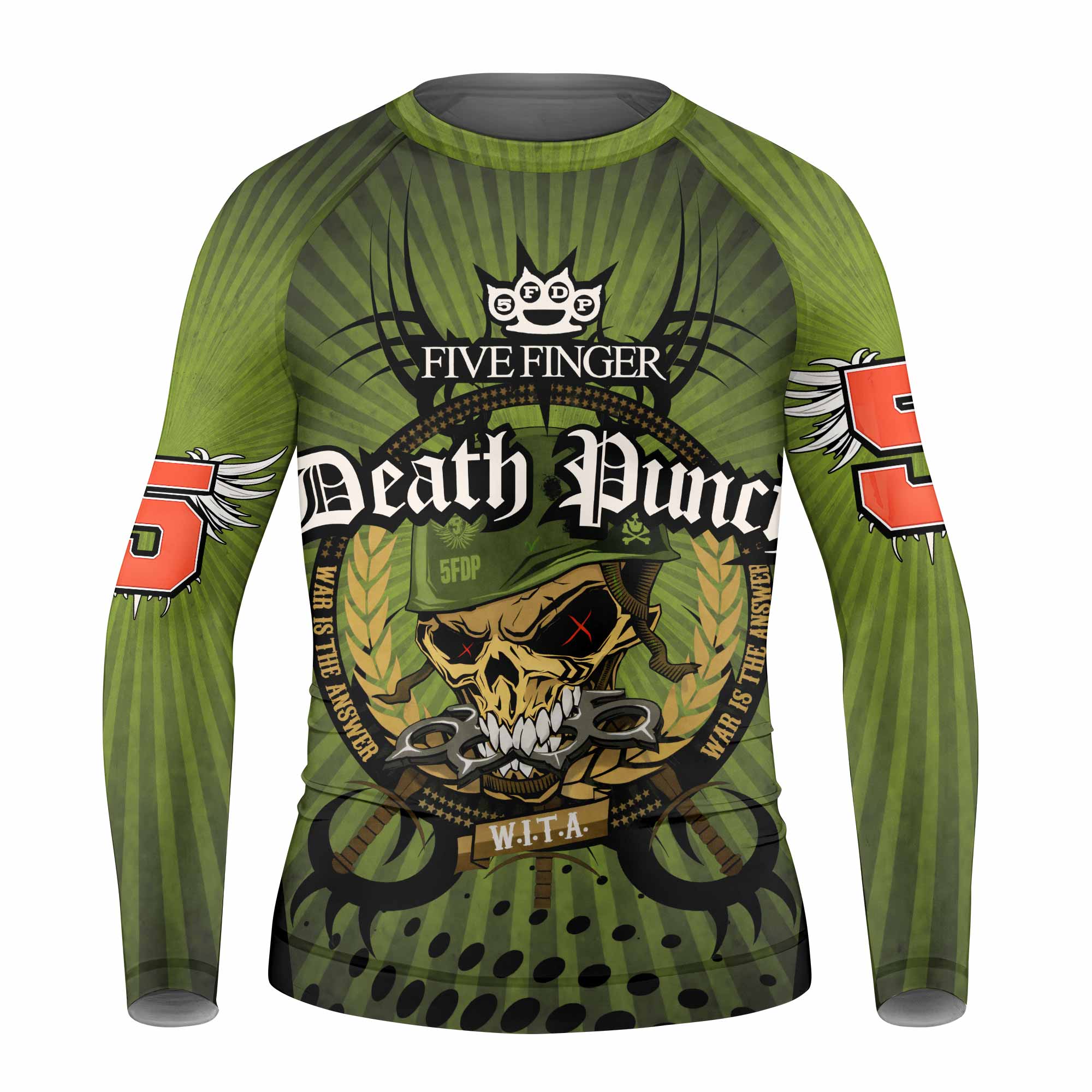 Five Finger Death Punch Green V Kids Rash Guard Long Sleeve - front view mockup