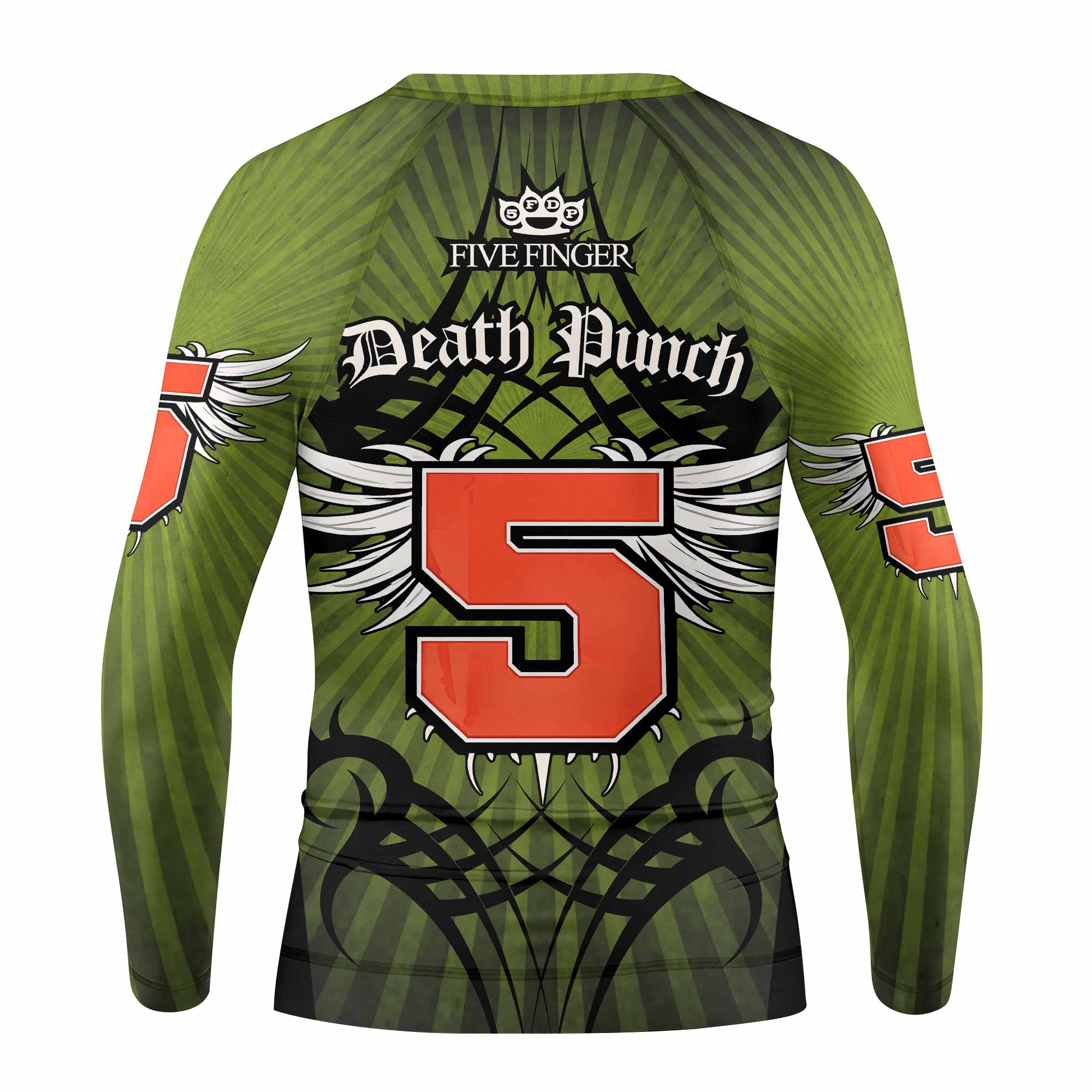 Five Finger Death Punch Green V Kids Rash Guard Long Sleeve - back view mockup