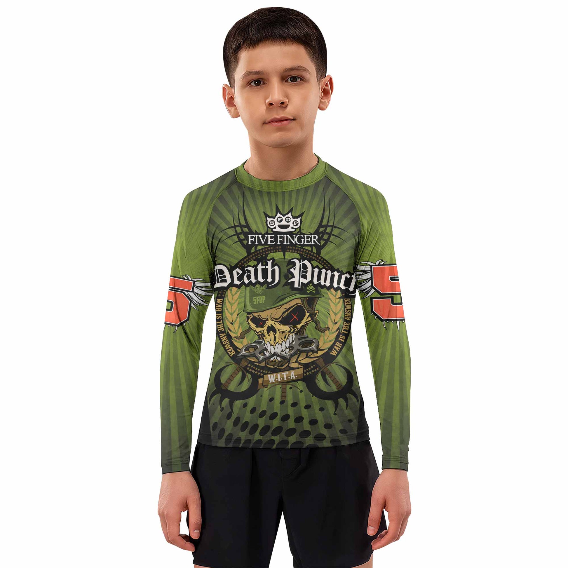 Five Finger Death Punch Green V Kids Rash Guard Long Sleeve - boy's lifestyle view