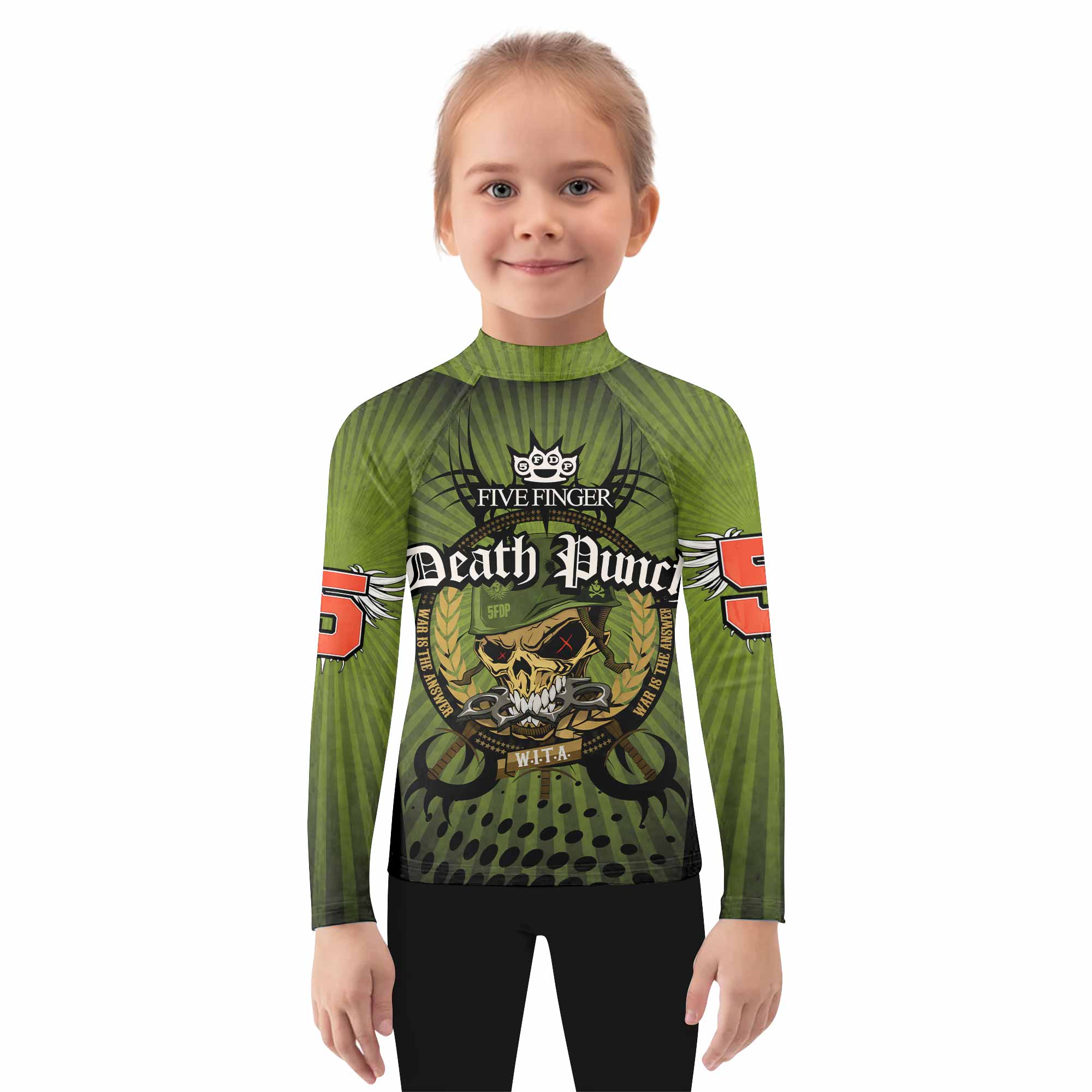 Five Finger Death Punch Green V Kids Rash Guard Long Sleeve - girl's lifestyle view