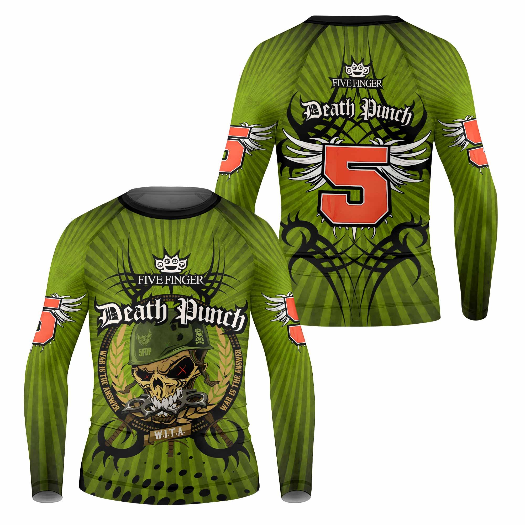 Five Finger Death Punch Green V Kids Rash Guard Long Sleeve - front and back view