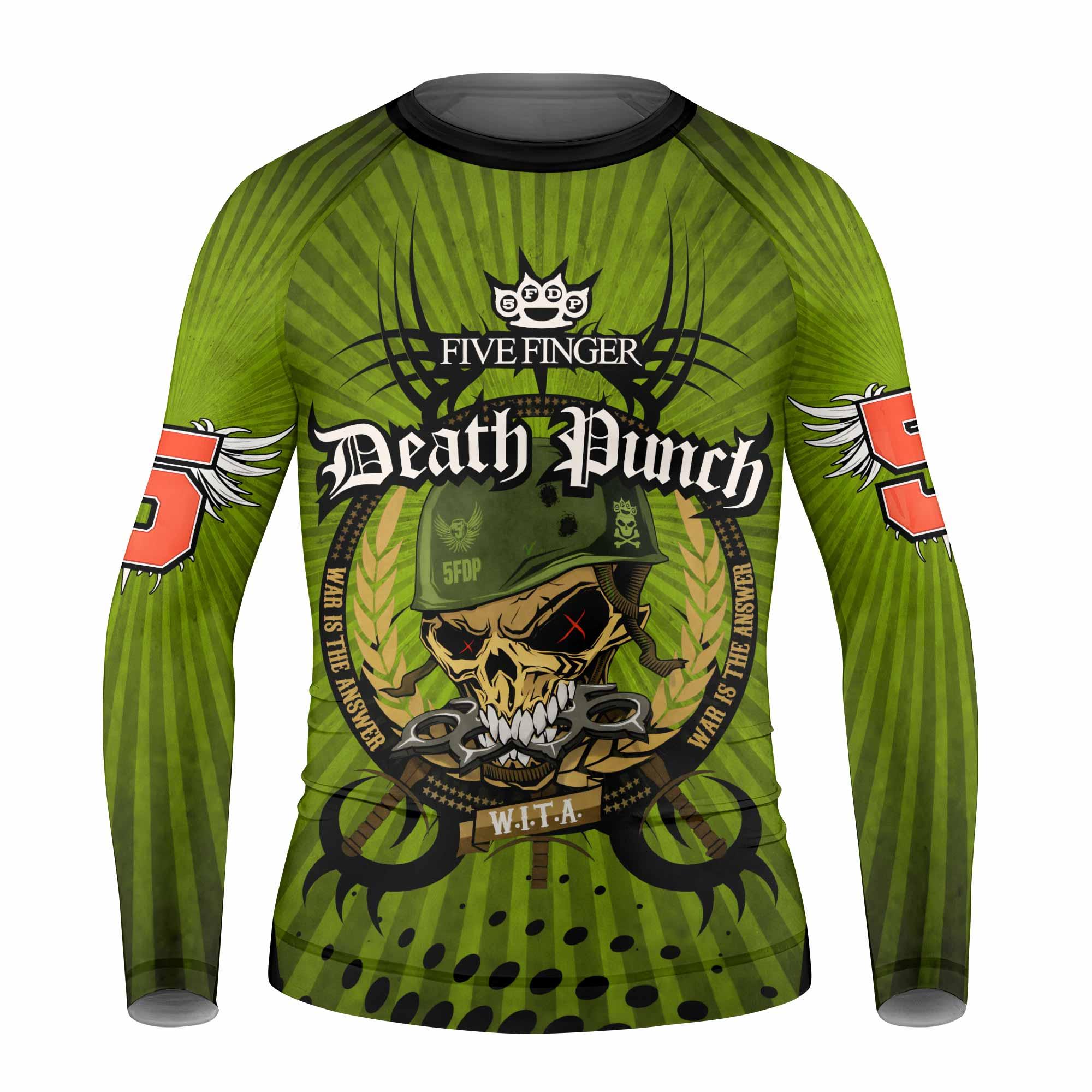 Five Finger Death Punch Green V Kids Rash Guard Long Sleeve - front view mockup